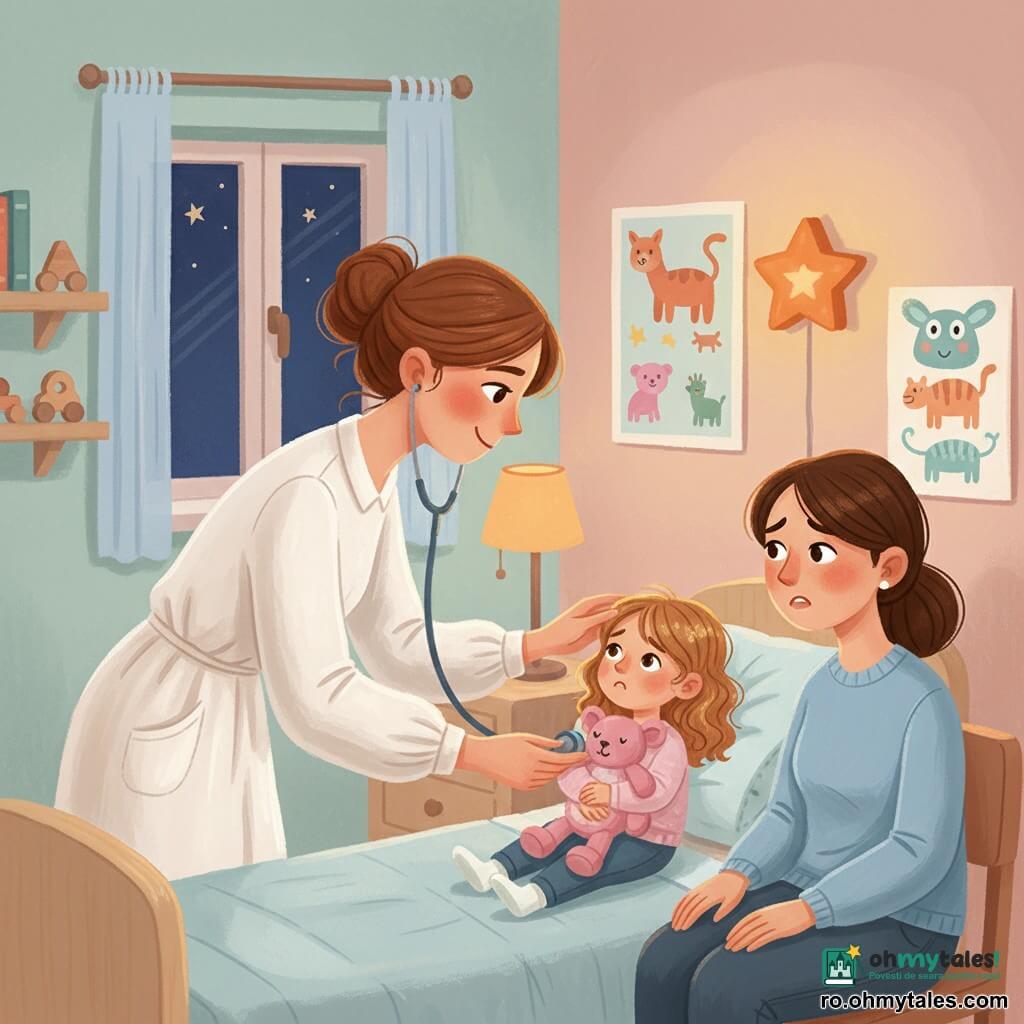 O doctoriță de circa 35 de ani, zâmbitoare, păr castaniu prins în coc lejer, în halat alb din bumbac și cu stetoscop argintiu, apleacă capul și pune stetoscopul pe pieptul unei fetițe de 5–6 ani cu ochi curioși și păr ondulat, care ține o păpușă roz și stă pe un pat cu o cuvertură bleu; mama, de 30–35 de ani, îngrijorată dar ușurată, stă pe scaun cu mâinile pe cuvertură privind recunoscătoare, iar camera pediatriei, mică și caldă, are pereți pastel, postere cu animale, o veioză portocalie în formă de stea, raft cu jucării din lemn și o fereastră spre cerul înstelat; scena principală e un examen tandru la amurg, lumină caldă, doctorița ascultând inima fetiței și aranjându-i perna cu gesturi blânde și precise.