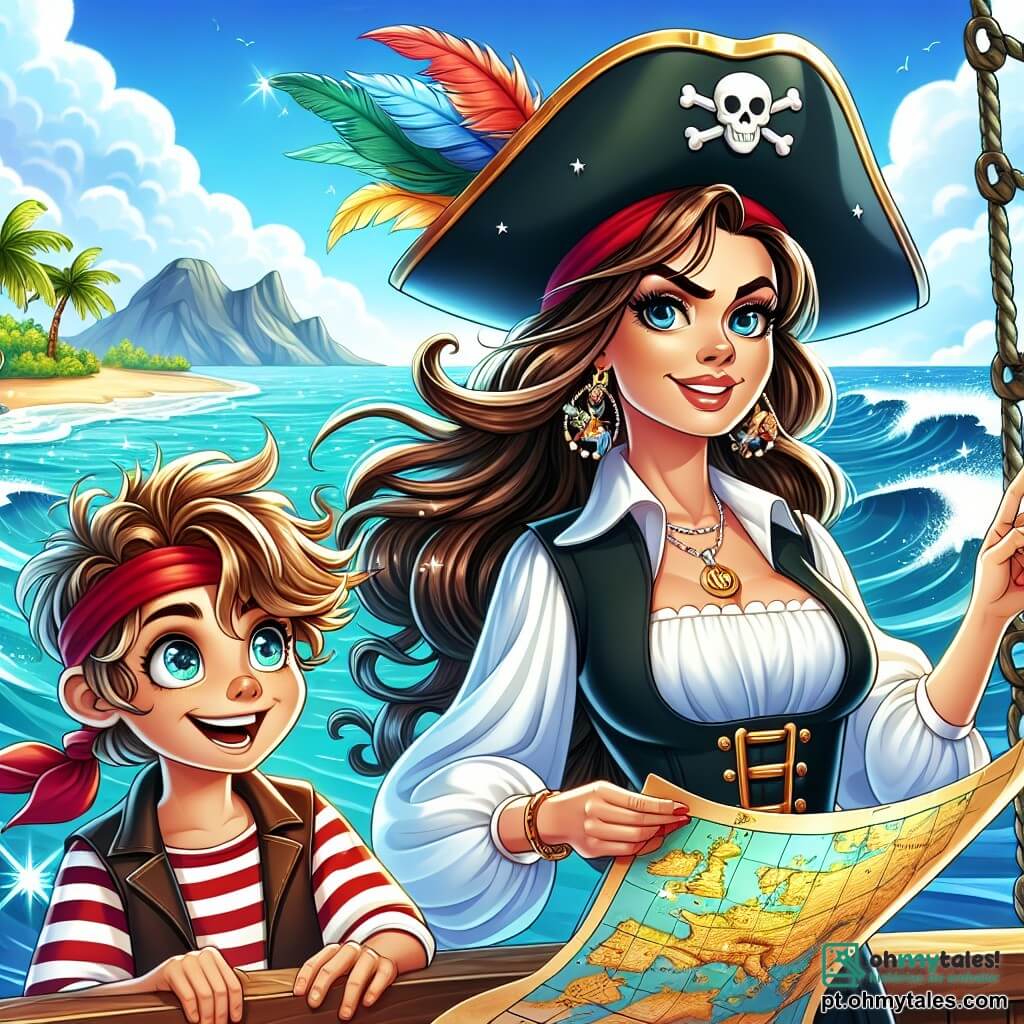 A cena representa a Capitã Anabela, uma mulher pirata de olhar determinado, com longos cabelos castanhos ao vento e um chapéu de pirata adornado com penas coloridas. Ela está orgulhosamente em pé no convés do seu barco, com um sorriso de empolgação no rosto, segurando um mapa do tesouro em uma mão e apontando para o horizonte com a outra. Ao seu lado, um garoto de 10 anos, chamado Tom, com cabelos loiros bagunçados e olhos brilhantes, observa o mapa com admiração, sonhando com aventuras. Ele usa um colete de pirata e um bandana vermelha, e se mantém um pouco para trás, pronto para seguir Anabela em suas peripécias. Ao fundo, o céu é de um azul radiante, salpicado de nuvens brancas, enquanto ondas cintilantes batem na borda do barco. Uma ilha misteriosa aparece no horizonte, com palmeiras e montanhas verdes, prometendo tesouros escondidos. A situação principal mostra Anabela e Tom, cheios de entusiasmo, prontos para navegar em direção à famosa ilha do tesouro, com a promessa de aventuras emocionantes e descobertas incríveis que os aguardam.