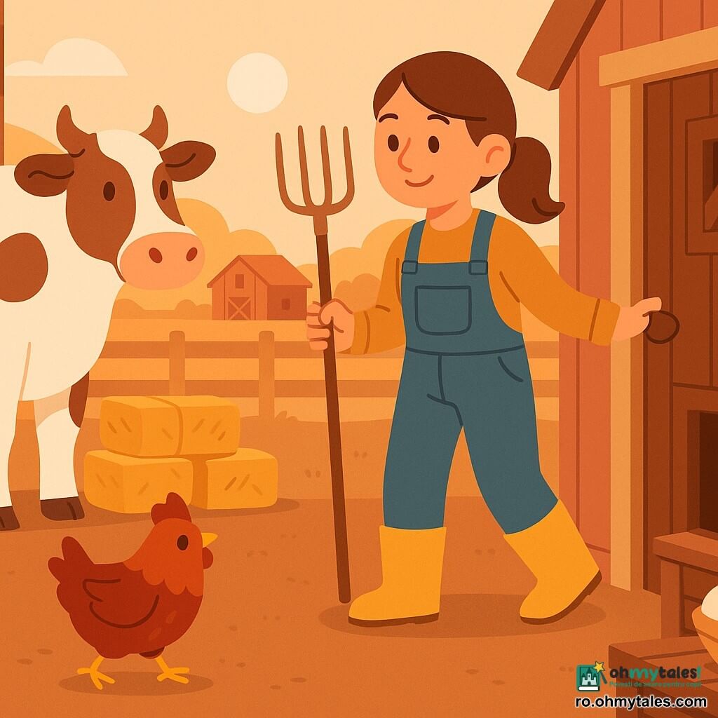 Mara, agricultoare zâmbitoare, cu față rotundă și păr brun prins în coadă, poartă cizme galbene din cauciuc și salopetă din denim, ține o furcă de paie și deschide ușa cotețului; vaca Dalia, mare, pătată alb și maro, cu privire blândă, stă la stânga lângă prag; o găină roșcată ciugulește solul; fundal: fermă dimineața cu sol bătut, șopron roșu mic, garduri din lemn deschis, baloți de paie și un coș cu ouă albe pe o ladă; scenă la răsărit, lumină caldă portocalie, atmosferă pașnică, culori vii și contururi clare.