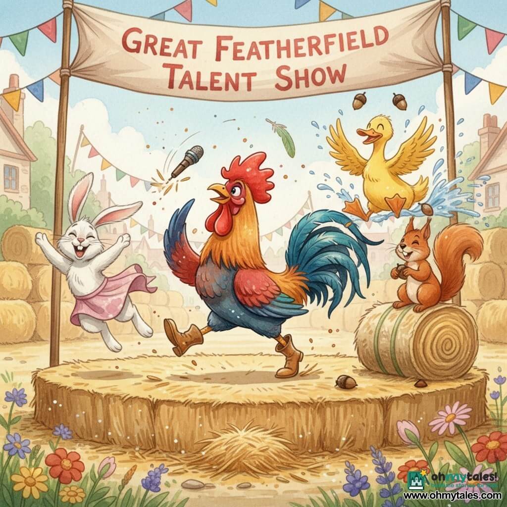 A joyful, slightly clumsy rooster with iridescent red, orange and blue feathers, tall comb and sparkling eyes struts proudly on a village stage of stacked hay bales, dropping a wooden microphone; to his left a white rabbit with long ears and a bright smile performs a big binky jump with ears and skirt in motion; to his right a mischievous red squirrel juggles acorns atop a haystack, facing the audience; in the background a clumsy yellow duck splashes from a small pond with wings spread and ruffled feathers; colorful fabric garlands, wildflowers in the foreground and a banner reading "Great Featherfield Talent Show" complete the sunny, comic moment of exaggerated movements, flying feathers, water droplets and shared laughter.