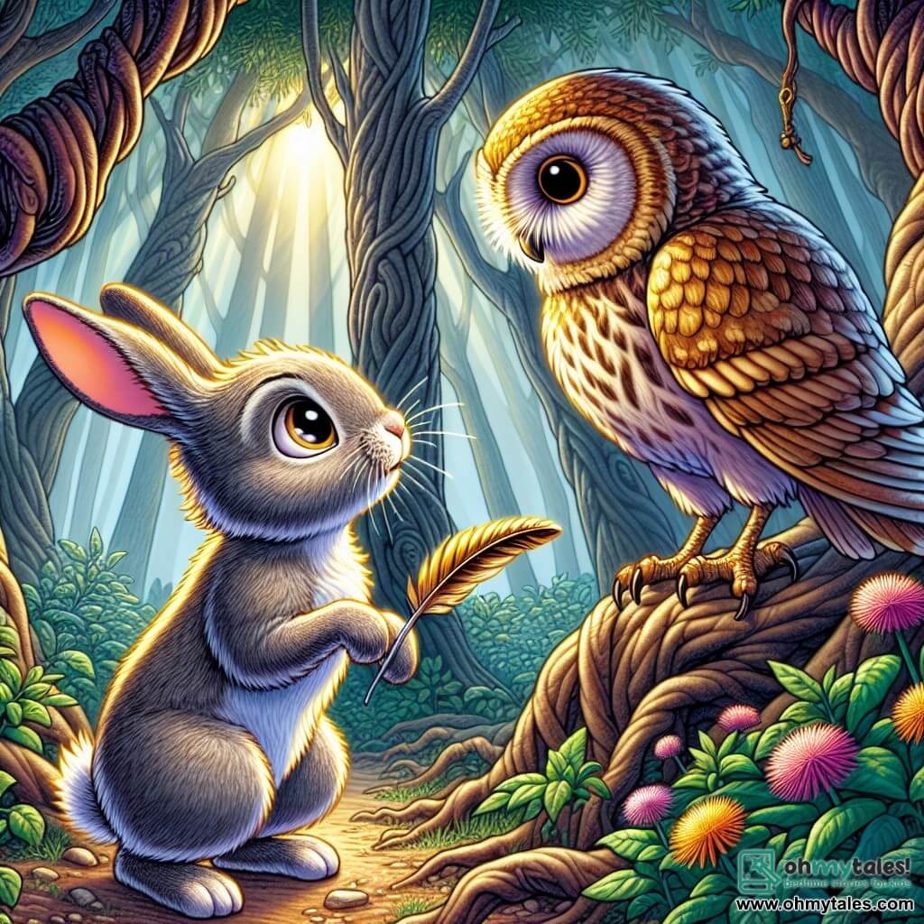 In a dense and mysterious forest, a small rabbit named Thistle, with bright eyes and soft, silky fur, stands on his hind legs, looking curious and determined, holding a bird feather in his tiny paws. Beside him, a wise owl with golden feathers perches on a branch, watching him with a kind gaze, its round, deep eyes reflecting wisdom, seemingly ready to share advice. The setting is filled with majestic trees with gnarled trunks, sun rays filtering through the foliage, and colorful flowers scattered on the ground, creating an enchanted atmosphere. Thistle, in search of truth, listens attentively to the owl's words, trying to understand the meaning of his journey through the forest.