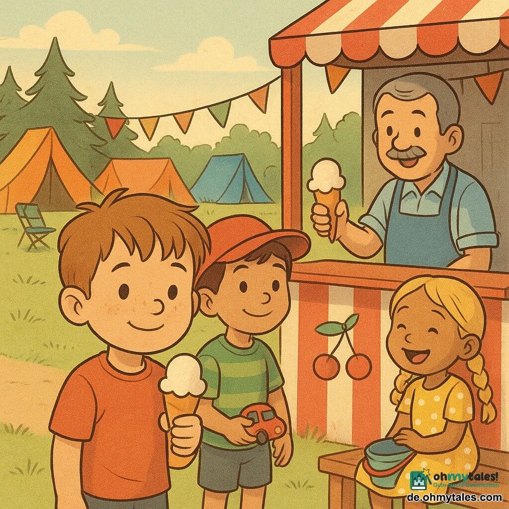 Ein etwa sechsjähriger Junge, schüchtern und stolz, rundes Gesicht mit Sommersprossen, zerzauste hellbraune Haare, funkelnde Augen, hält ein Eiswaffel mit kleinem Tropfen und lächelt leicht in der Warteschlange; hinter ihm steht Leo, fröhlich mit roter Kappe, grün gestreiftem T‑Shirt und braunen kurzen Haaren, die Hand auf einem Spielzeugauto, im Blick verbunden; Lotte, etwa fünf, lachend in gelbem gepunktetem Kleid mit zwei blonden Zöpfen, sitzt auf einer Bank mit einem bemalten Sandkübel und beobachtet die Jungen; der Verkäufer, erwachsener Mann mit dünnem Schnurrbart, blauem Schurz und hellgrauen Haaren, lächelt hinter einem rot‑weiß gestrichenen Holzstand und reicht ein Eis; Ort: grasiger Campingweg mit bunten Zelten, Wimpelketten, Kiefern, Klappstühlen und einem holznen Eisdielenstand mit aufgemalten Kirschen an einem warmen, goldenen Sommernachmittag.