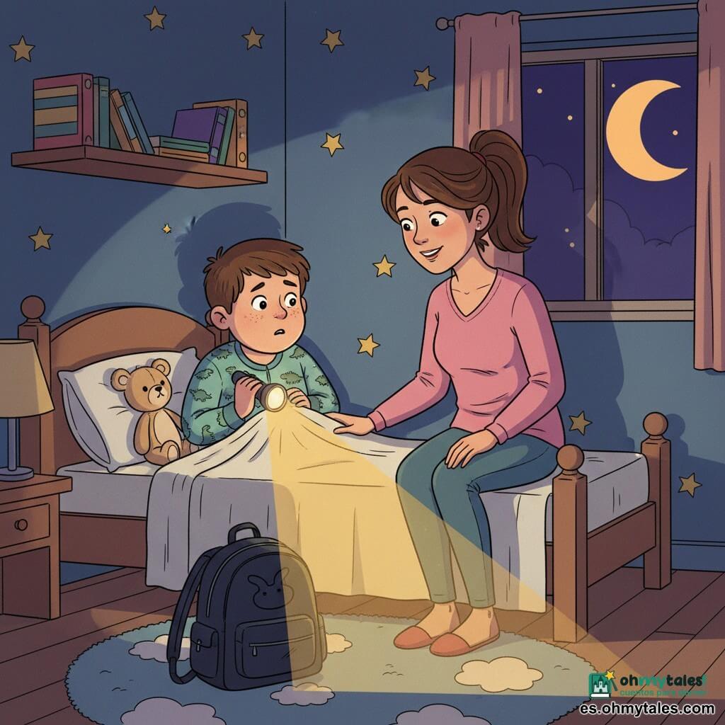Un niño de 10 años, Tomás, rostro redondo con pecas, pelo castaño corto, expresión a la vez preocupada y curiosa, sosteniendo una linterna pequeña que ilumina su cara desde abajo, en pijama con estampado de dinosaurios y arropado con una manta clara; una mujer adulta (madre, unos 35 años) con cabello castaño en coleta, sonrisa tranquilizadora y mano sobre la manta, sentada al borde de la cama a la derecha del niño mirando la linterna; una mochila oscura en el suelo cuya sombra en la pared parece un “monstruo” pero la luz revela la cremallera y los bolsillos; un pequeño peluche oso beige en la almohada a la izquierda, orejas algo aplastadas; habitación pequeña y acogedora con paredes azul noche con estrellas pintadas, estantería de madera con libros de colores, alfombra suave con nubes, ventana con cielo nocturno y luna anaranjada, lámpara de noche apagada; la linterna crea un cono dorado que realza el rostro curioso del niño y revela que las sombras monstruosas son objetos cotidianos, ambiente de contrastes entre sombras profundas y destellos cálidos, tono reconfortante y suave.