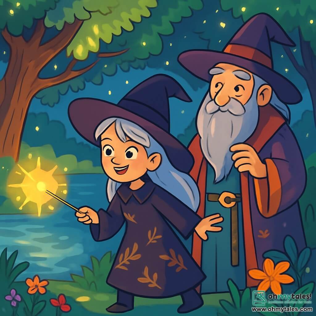 Luna, a 12-year-old witch, stands by an enchanted lake, her eyes shining with excitement and determination. She has long silver hair flowing gently in the wind and wears a witch's dress adorned with golden leaf patterns, holding a sparkling wand in her hand. Beside her, Thaddeus, an elderly wizard around 60, with a long gray beard and colorful robes, watches proudly. He is slightly hunched, murmuring incantations, his eyes sparkling with wisdom and kindness. The enchanted lake is surrounded by majestic trees with luminescent leaves, and a light mist dances on the water's surface, creating a mystical atmosphere. Bright flowers and fireflies illuminate the landscape, adding a touch of magic to the scene. Luna prepares to cast her first spell, focused and full of energy, as bursts of light emanate from her wand, bathing the lake in a golden glow.