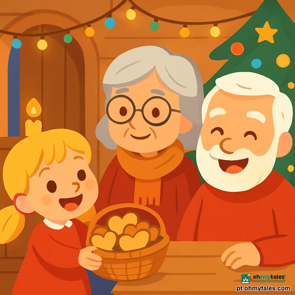 Uma menina de 4 anos, Clara, com cabelos dourados e olhos brilhantes de alegria, segura uma linda cesta cheia de biscoitos em forma de coração. Ela sorri com encanto, suas bochechas rosadas iluminadas pela excitação de compartilhar seu Natal. Ao seu lado, uma mulher idosa, a senhora Rosa, com cabelos prateados e óculos redondos, sorri calorosamente, vestida com um suéter vermelho e um cachecol de lã. Um homem idoso, o senhor Joaquim, com uma barba branca e um grande sorriso, usa um cachecol vermelho e está perto de uma mesa de madeira, pronto para receber Clara e suas guloseimas. A cena ocorre dentro de uma pequena casa acolhedora, decorada com guirlandas luminosas e uma árvore de Natal iluminada em um canto, com bolas coloridas e estrelas douradas. A luz de uma vela dourada ilumina suavemente o ambiente, criando uma atmosfera mágica e festiva. Clara, cheia de alegria, oferece biscoitos de Natal à senhora Rosa e ao senhor Joaquim, compartilhando assim o espírito natalino e a calorosa amizade.
