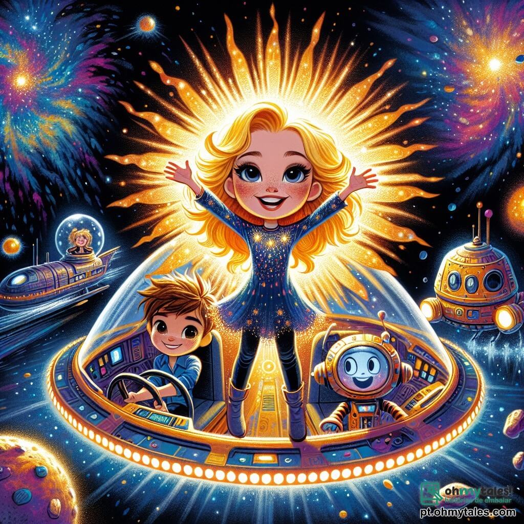 Luna, uma mulher de cabelos dourados como o sol e olhos brilhantes, está dentro de sua magnífica Nave Estelar Luminosa, uma espaçonave colorida com luzes cintilantes. Ela exibe uma expressão de alegria e excitação, com os braços levantados em sinal de triunfo enquanto pilota a nave entre as estrelas. Ao seu lado, Max, um garoto corajoso de cerca de 10 anos, com cabelos castanhos bagunçados e um sorriso determinado, está sentado no assento do copiloto, pronto para ajudar. Tico, um pequeno robô divertido com corpo metálico brilhante e olhos redondos, flutua perto de Luna, rindo e fazendo caretas para animar a atmosfera. A cena se passa na imensidão do cosmos, onde estrelas cintilantes iluminam um fundo negro profundo e nebulosas coloridas giram ao redor, criando um espetáculo encantador. Eles navegam juntos através de uma tempestade de asteroides, com rochas espaciais flutuando ao redor, enquanto trabalham em equipe para pilotar a nave e superar esse desafio emocionante.