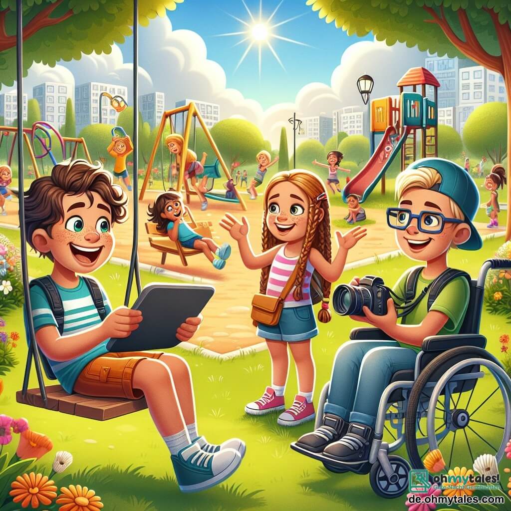 Max ist ein 10-jähriger Junge mit lockigem Haar und einem breiten Lächeln, der auf einer Schaukel sitzt und ein Tablet in den Händen hält, vertieft in sein Spiel. Neben ihm steht Mia, ein 9-jähriges Mädchen mit langen, geflochtenen braunen Haaren und bunten Brillen, die begeistert gestikuliert und vorschlägt, draußen zu spielen. Leo, ein 10-jähriger Junge im Rollstuhl mit kurzen Haaren und Brille, sitzt auf einem Stuhl in der Nähe und hält eine Kamera, lächelnd und bereit, ihr Abenteuer zu filmen. Der Ort ist ein wunderschöner sonniger Park, voller bunter Blumen und majestätischer Bäume, mit einer großen Rutsche und Schaukeln, während andere Kinder in der Ferne spielen und lachen. Die Hauptsituation zeigt die drei Freunde, die fröhlich über ihr Videoprojekt diskutieren und dabei das schöne Wetter und die Energie des Parks genießen, was das Gleichgewicht zwischen Bildschirmzeit und dem Vergnügen, draußen zu spielen, verdeutlicht.