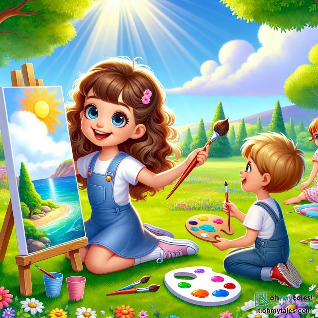 Una bambina di 7 anni, Sofia, con bellissimi capelli ricci castano chiaro e un grande sorriso gioioso, è seduta sull'erba verde di un parco soleggiato, tenendo un pennello colorato in una mano e una tavolozza di colori nell'altra. È concentrata e piena di entusiasmo mentre dipinge un paesaggio marino su una tela bianca davanti a lei. Accanto a lei, Giulia, una ragazza di 7 anni con capelli lunghi e lisci, castani e raccolti in una coda di cavallo, osserva con ammirazione il dipinto di Sofia, tenendo un pennello e sorridendo con eccitazione. Un po' più lontano, Tommaso, un ragazzo di 7 anni con capelli corti e biondi, si china per raccogliere fiori selvatici da usare per decorare il loro spazio di lavoro. Il luogo è un parco verdeggiante, pieno di fiori colorati, alberi maestosi e un cielo blu splendente. Il sole brilla, creando un'atmosfera gioiosa e luminosa, mentre una leggera brezza fa danzare le foglie degli alberi. La scena principale mostra Sofia e i suoi amici mentre creano insieme un'opera d'arte, circondati dalla bellezza della natura, condividendo risate e momenti di complicità, illustrando lo spirito di amicizia e creatività delle loro vacanze estive.