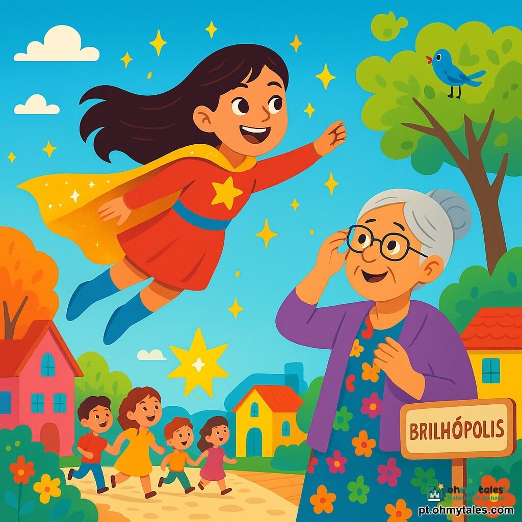 Uma super-heroína, Estrelinha, está no centro da imagem. Ela é uma jovem com cabelos longos e brilhantes, vestindo uma capa dourada cintilante que brilha ao sol. Seu rosto irradia alegria e determinação, com um grande sorriso e olhos brilhantes. Ela está voando no ar, cercada por pequenas estrelas luminosas. Ao seu lado, a senhora Rosa, uma mulher idosa de cerca de 70 anos, procura seus óculos. Ela tem cabelos grisalhos e usa um vestido colorido com um xale, olhando para Estrelinha com admiração e um sorriso de gratidão. Mais adiante, um grupo de crianças alegres corre em direção ao parque, guiado por balizas luminosas que a super-heroína colocou. O cenário é uma cidade encantada, Brilhópolis, com casas de cores vibrantes, árvores com folhas multicoloridas e um céu azul radiante. Flores de tons vibrantes adornam as ruas de paralelepípedos, e pássaros cantam nos galhos. A situação principal mostra Estrelinha espalhando balizas mágicas para ajudar os habitantes a encontrar seu caminho, iluminando a cidade com raios de luz alegre.