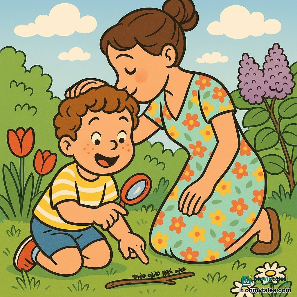 Bambino di 4 anni, sorridente e meravigliato, in ginocchio a osservare formiche; capelli castani ricci, guance rotonde e lentiggini, maglietta gialla a righe bianche e pantaloncini blu. La mamma (circa 30–35 anni), tenera, in piedi accanto a lui mentre lo bacia sulla testa; vestito leggero a fiori e capelli castani raccolti in chignon. Il bambino tiene in mano destra una piccola lente d'ingrandimento rossa e indica una fila di formiche nere su un rametto. Giardino primaverile lussureggiante con prato verde, tulipani rossi, margherite bianche, un cespuglio di lilla viola e cielo azzurro pallido con qualche nuvola soffice. Luce mattutina morbida, colori vivaci e contrastati, contorni netti, stile fumetto caldo e semplice con espressioni esagerate e adatte ai bambini.