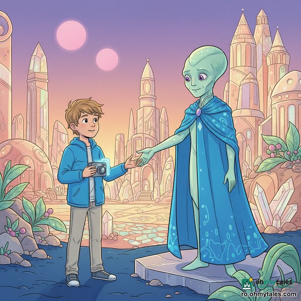 Două personaje: Alex, băiat de 10 ani cu păr castaniu deschis ușor zburlit, geacă albastră lucioasă și pantaloni deschiși, ținând o mică cameră holografică în mâna dreaptă, stând în stânga pe nisip; Zelor, extraterestru adult cu piele verde-palidă perlată, ochi ovali mari, violeți, purtând o mantie fluidă albastru-electric cu motive luminescente, zâmbind blând și întinzând mâna dreaptă spre Alex, stând pe o dală cristalină puțin ridicată în dreapta; decor: un oraș în Andromeda cu turnuri și dome din cristale translucide multicolore care reflectă lumina, străzi cu mozaicuri luminescente, plante cu frunze translucide și fructe luminoase, o plajă cu nisip albastru adânc în prim plan și un cer violet cu două luni roz la orizont; situație: întâlnire pentru prima dată la malul plajei cristaline la apus, atmosferă caldă și curioasă, expresii binevoitoare, lumină moale care scânteiază cristalele și creează reflexii colorate pe fețe, compoziție centrată pe strângerea de mână simbolică.