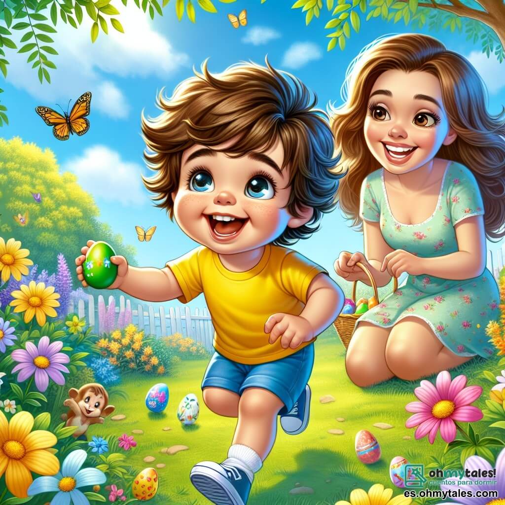 Un niño de 2 años, Lucas, con cabello castaño desordenado y ojos brillantes de alegría, salta de felicidad en un jardín colorido, sosteniendo un huevo de Pascua verde en sus pequeñas manos. Lleva una camiseta amarilla y un short azul, y su sonrisa radiante muestra su emoción. A su lado, su mamá, una mujer de unos treinta años con cabello largo castaño y una sonrisa cálida, se agacha para animarlo. Ella lleva un vestido ligero con flores y mira a Lucas con orgullo, sosteniendo una cesta llena de huevos coloridos. El jardín es un verdadero cuadro primaveral, con flores brillantes de todos los colores, árboles en flor y un cielo azul claro. Mariposas revolotean alrededor, añadiendo un toque mágico a la escena. La situación principal muestra a Lucas descubriendo un huevo dorado brillante escondido entre las flores, sus ojos iluminándose de sorpresa y alegría, mientras que el dulce conejito de Pascua, un pequeño conejo con grandes orejas blancas, aparece a su lado, sonriendo y listo para compartir su secreto mágico.