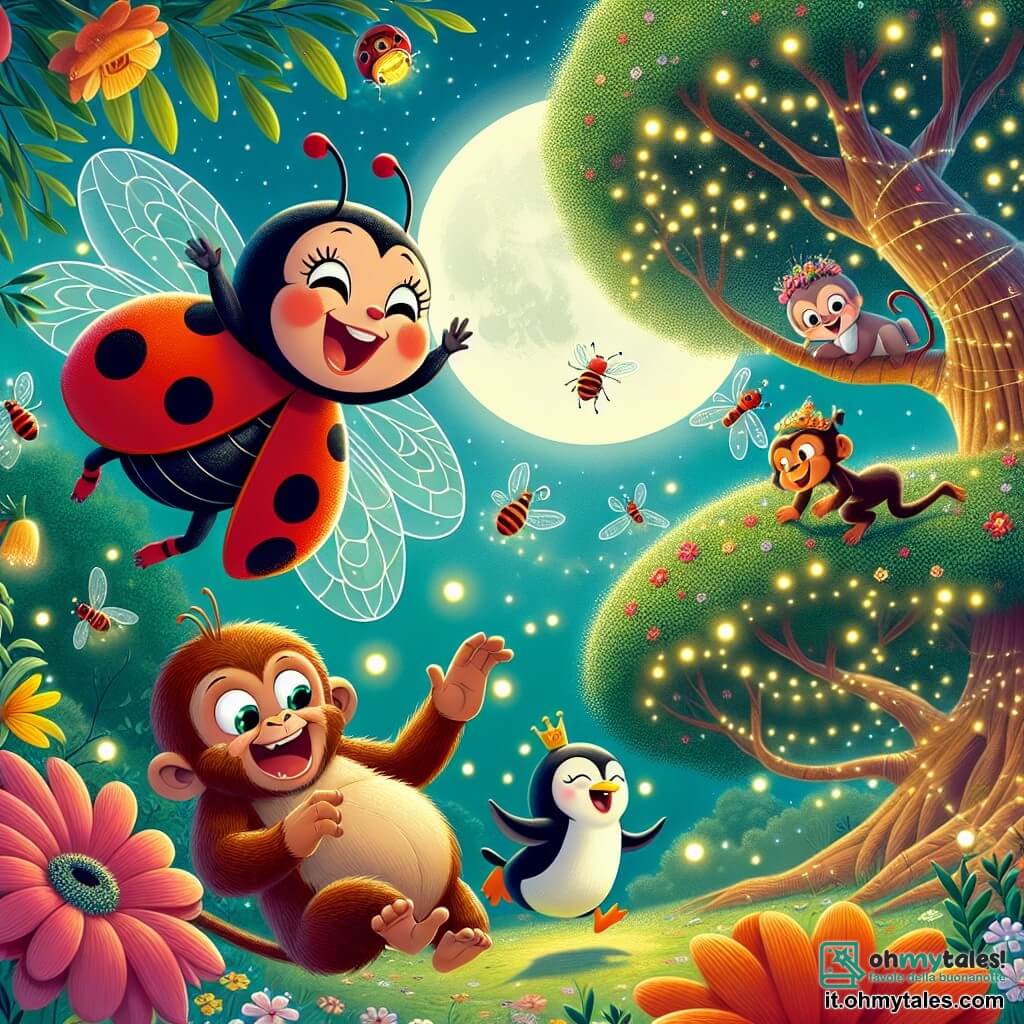 Una coccinella gioiosa di nome Lulù, con un dorso rosso vivo punteggiato da sette piccoli punti neri, vola con entusiasmo sopra un grande albero maestoso, le sue antenne tremolanti di eccitazione. Accanto a lei, una scimmia vivace di nome Carla, con pelliccia marrone e occhi scintillanti, si arrampica agilmente su un ramo, ridendo mentre osserva Lulù. Sotto, un pinguino di nome Pino, con la pancia bianca e il dorso nero, scivola sul terreno cercando di afferrare un pallone colorato, con un'espressione comica di sorpresa. Il luogo è una radura incantata, illuminata dalla dolce luce della luna, circondata da fiori brillanti e lucciole danzanti nell'aria. La scena principale mostra Lulù e i suoi amici in festa notturna, ridendo e ballando attorno a una grande ciambella, con colori vivaci e un'atmosfera gioiosa che evoca amicizia e avventura.