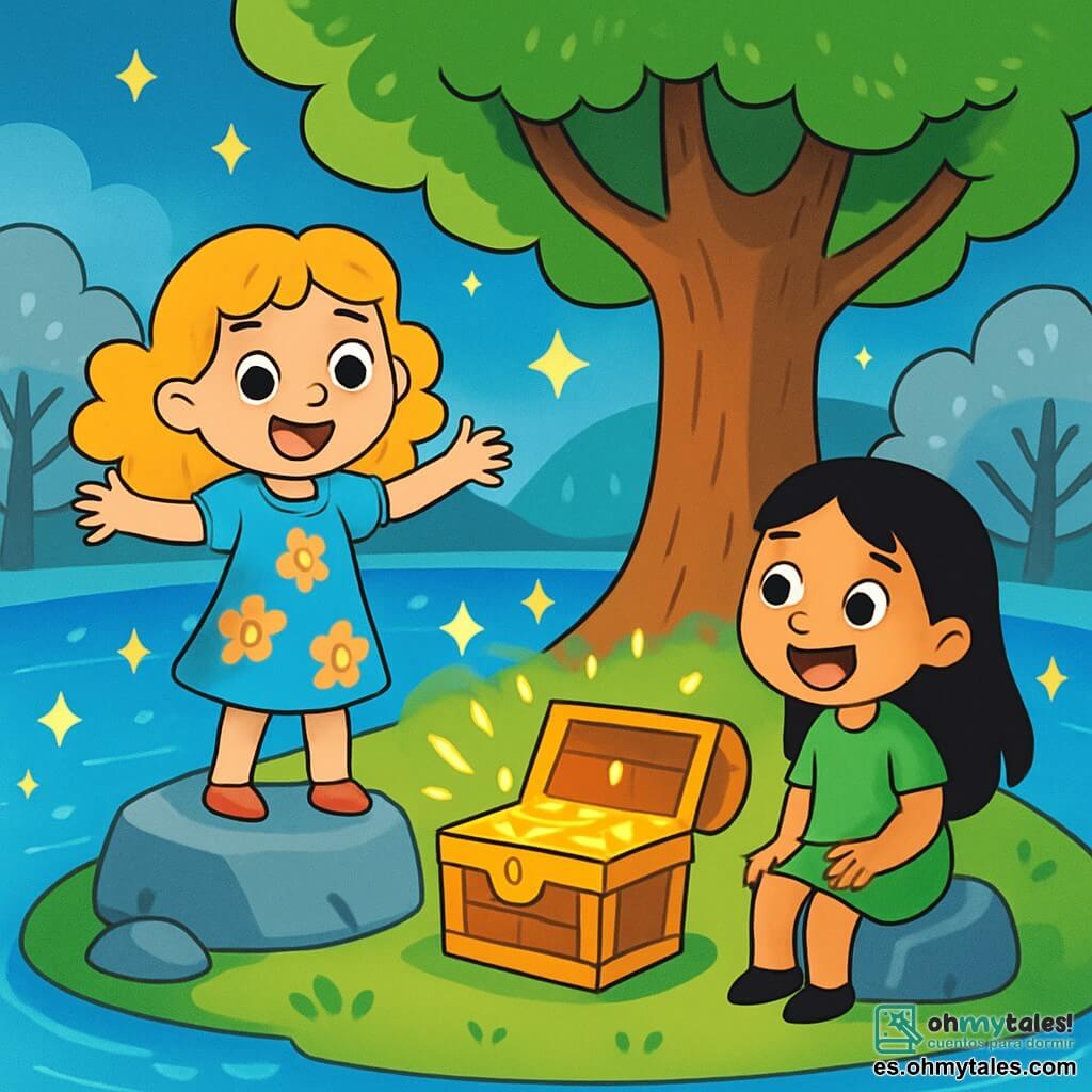Hay 2 personajes principales: Clara, una niña de 8 años con cabello dorado rizado, vestida con un vestido azul con flores, de pie sobre una piedra brillante, maravillada por la belleza de la isla; y Lili, una niña de 7 años con cabello negro liso, vestida con una túnica verde, sentada en otra piedra, sonriendo y mirando a Clara con ojos llenos de alegría. La escena se desarrolla en una isla mágica en el centro de un lago brillante, con agua de un azul radiante y estrellas flotando en la superficie. Árboles con hojas plateadas rodean el claro, y un gran árbol majestuoso se alza en el centro. La historia muestra a Clara y Lili descubriendo un cofre misterioso bajo el árbol, llenas de asombro y curiosidad, listas para abrir el cofre que brilla bajo la luz de las estrellas.