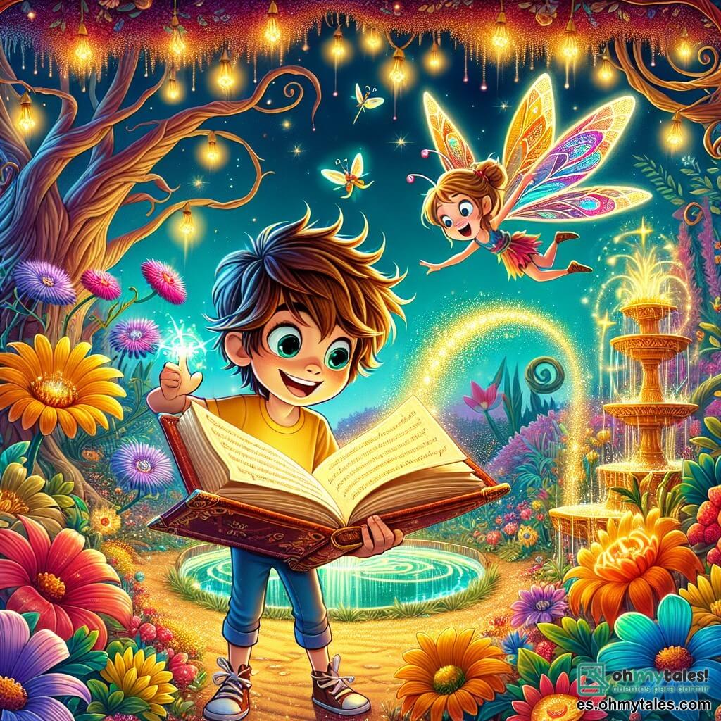 Un niño de 8 años, Lucas, con cabello castaño desordenado y ojos llenos de curiosidad, se encuentra en el centro de la imagen, sosteniendo un gran libro antiguo con páginas brillantes. Su rostro expresa asombro y determinación mientras descubre la magia que lo rodea. A su lado, Lila, una pequeña hada con alas de mariposa coloridas, flota en el aire, sonriente y llena de energía, lista para ayudarlo en su búsqueda. El escenario es un jardín mágico, lleno de flores brillantes de colores vivos, grandes árboles con troncos torcidos y una fuente centelleante en el centro, donde el agua dorada brota en salpicaduras brillantes. Luciérnagas bailan a su alrededor, añadiendo un toque de magia a la atmósfera. La situación principal muestra a Lucas abriendo el libro de conjuros, una luz brillante emana de las páginas, mientras Lila lo anima con entusiasmo. Juntos, se preparan para enfrentar un desafío mágico en este mundo fantástico.