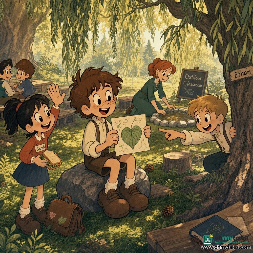 A 10-year-old boy with a round freckled face and tousled chestnut hair, relieved serene expression and bright eyes, sits on a large stone under a willow holding a drawing of a heart-shaped leaf; a 9-year-old girl (Sarah) with a black ponytail and friendly smile stands beside him with a sandwich, waving; a 10-year-old boy (Ethan) with short blond hair leans from a nearby tree trunk, curious and pointing at the drawing; the teacher, a woman of about 28 with red hair tied and wearing a green dress, kneels in the background near a circle of stones in a gentle, welcoming posture; setting is an outdoor classroom under large oaks and willows with a green moss carpet, log seats and wooden slabs, golden sunbeams through leaves, small ferns and scattered pinecones; main moment: calm after a break—the boy returns from the “calm corner” and proudly shows his leaf drawing while the children smile around him, peaceful warm atmosphere with soft colors and retro grainy textures.