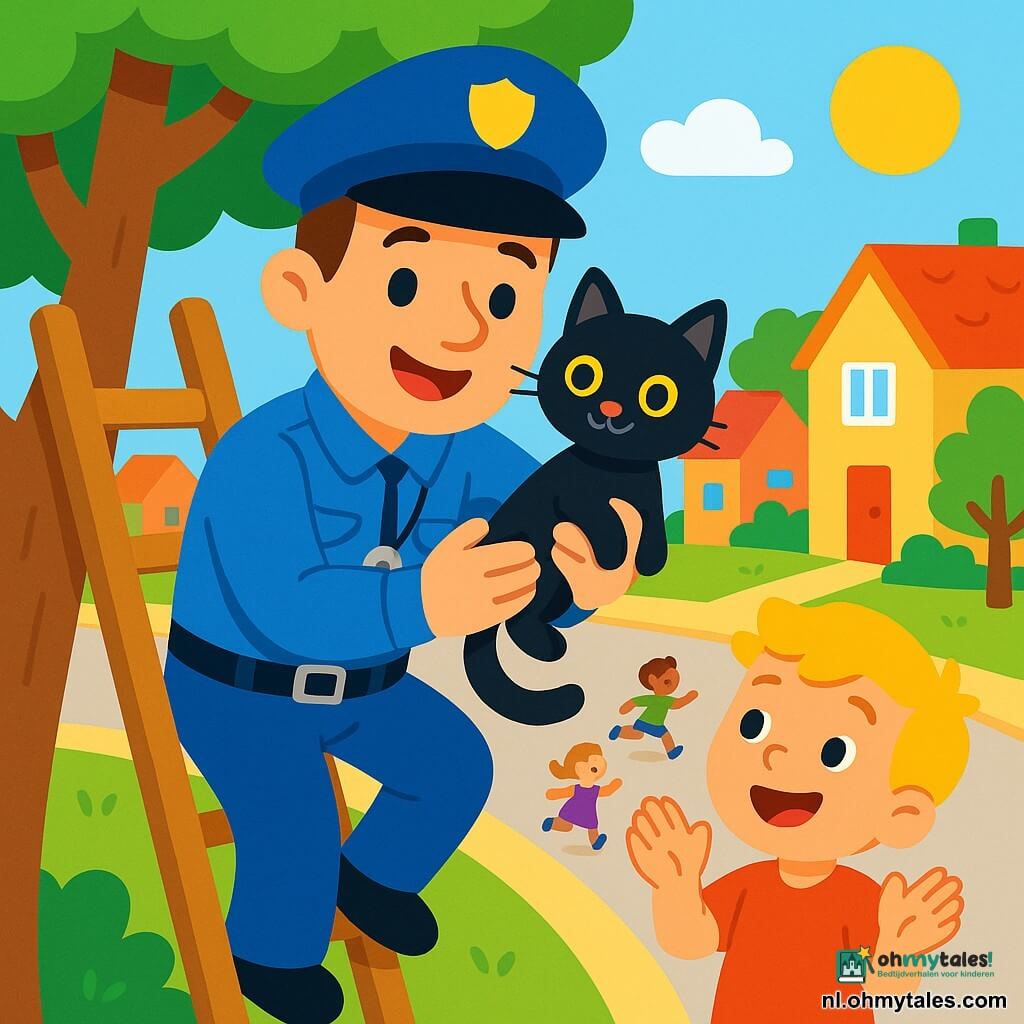 Een glimlachende politieagent, een man van ongeveer dertig jaar in een felblauw uniform, met een politiehoed en een fluit om zijn nek, komt van een ladder af terwijl hij voorzichtig een kleine zwarte kat met glanzende ogen vasthoudt. Hij heeft een blije en trotse uitdrukking op zijn gezicht. Naast hem staat een 5-jarig jongetje met blond haar en een rood T-shirt, dat verwonderd kijkt en met zijn armen omhoog applaudisseert. Op de achtergrond is een zonnige straat met kleurrijke huizen, groene bomen en spelende kinderen. De scène toont het moment waarop de politieagent de kat helpt om uit de boom te komen, omringd door gelach en vreugde.
