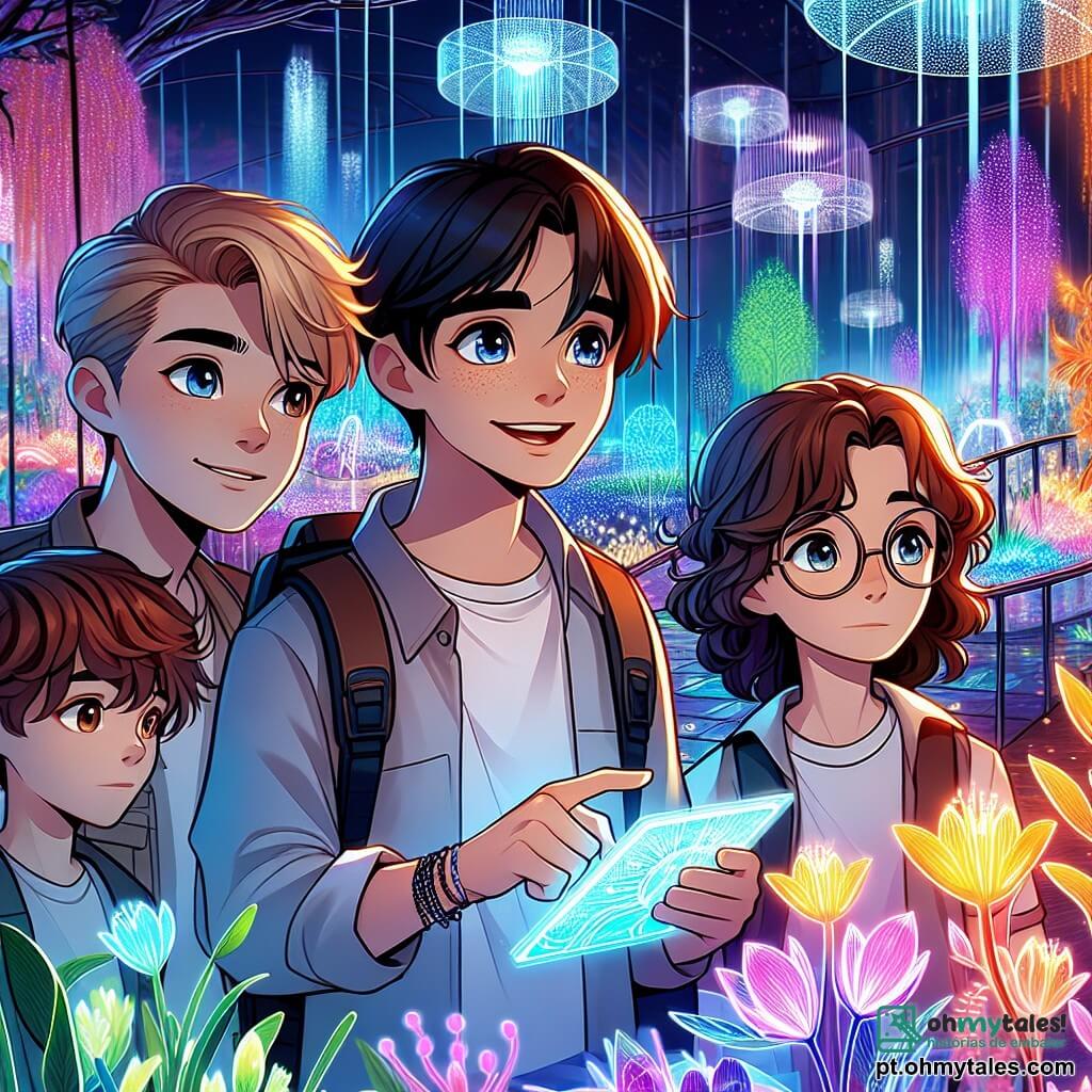 Em um jardim futurista, quatro amigos estão juntos, cercados por plantas luminosas e árvores de cores vibrantes. Leo, um garoto de doze anos com cabelos desgrenhados e olhos brilhantes, examina um painel holográfico que brilha à sua frente. À sua direita, Mário, um garoto enérgico com um grande sorriso e cabelos castanhos, aponta para uma planta que dança ao ritmo da música. À esquerda, Ana, uma menina sonhadora com cabelos longos e cacheados, segura um caderno de esboços, encantada com a beleza das flores que mudam de cor. Por fim, Tomás, um garoto cauteloso com óculos e cabelos castanhos, observa ao redor, preocupado mas curioso, mantendo-se um pouco afastado. O jardim futurista é um lugar mágico, repleto de vegetação exuberante, flores multicoloridas e estruturas de vidro que brilham sob a luz do sol. Árvores bioluminescentes iluminam o caminho, criando uma atmosfera encantadora, enquanto hologramas flutuam no ar, projetando imagens da natureza e da tecnologia em harmonia. A situação principal mostra os amigos descobrindo um misterioso painel holográfico que revela uma mensagem sobre um código perdido, incitando-os a embarcar em uma aventura para salvar sua cidade da poluição.