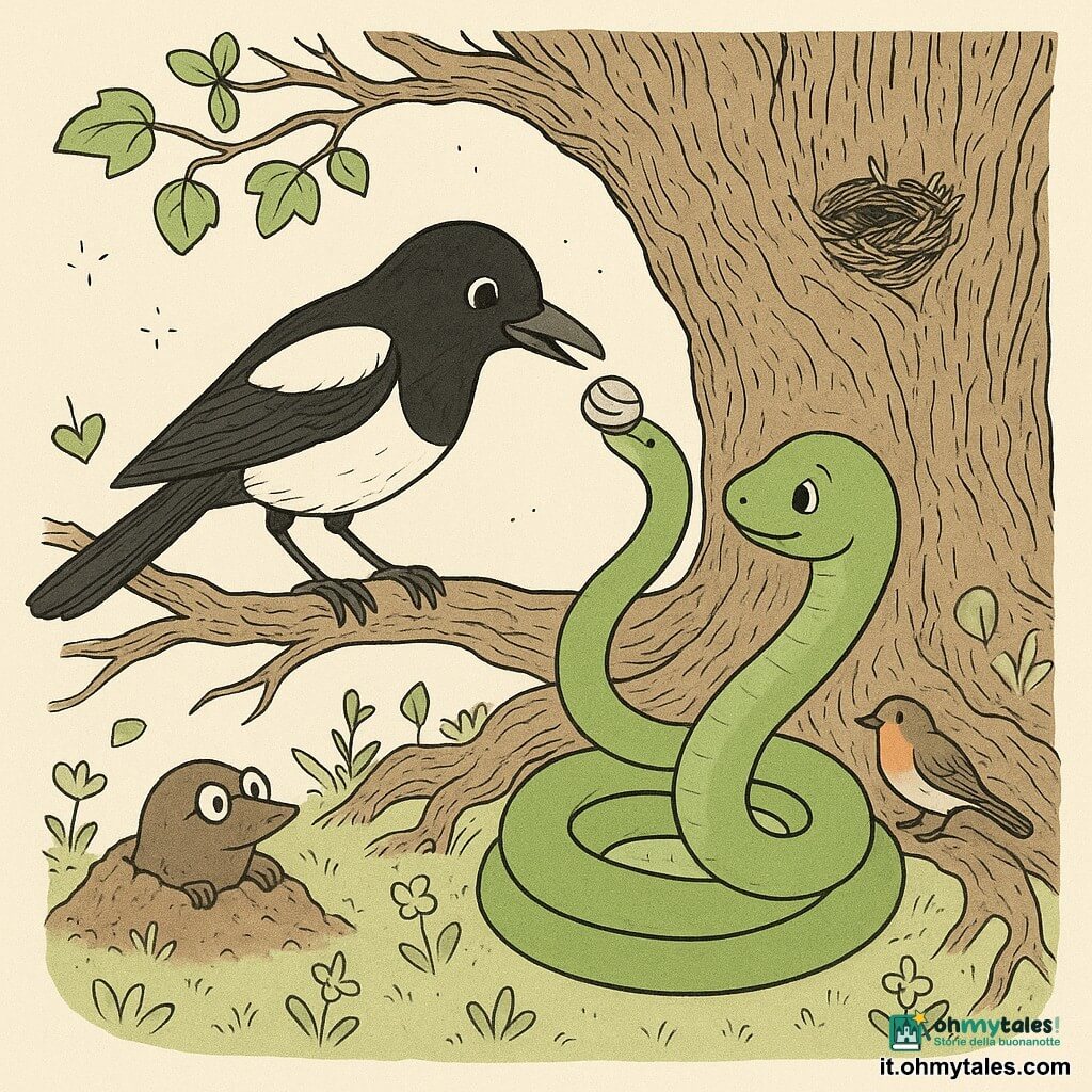 Un serpente verde chiamato Serpì, corpo liscio e sinuoso, occhi rotondi e dolci, timido con un piccolo sorriso e la testa leggermente retratta, corpo a spirale vicino alle radici del castagno; una gazza bianca e nera, Pica, su un ramo basso offre con cautela nel becco un sassolino striato, Stellina, testa inclinata e ali semiaperte; sullo sfondo un vecchio castagno massiccio con corteccia rugosa, grandi radici e un nido, foglie a cuore e piccole campanule a terra; altri animali discreti: una talpa curiosa con occhiali tondi che spunta da un monticello, un pettirosso su una radice e alcune lucciole come puntini luminosi; scena di consegna di un oggetto prezioso, gesto tenero e pacifico, atmosfera calma, linee chiare, texture dettagliate e leggere ombreggiature per profondità.