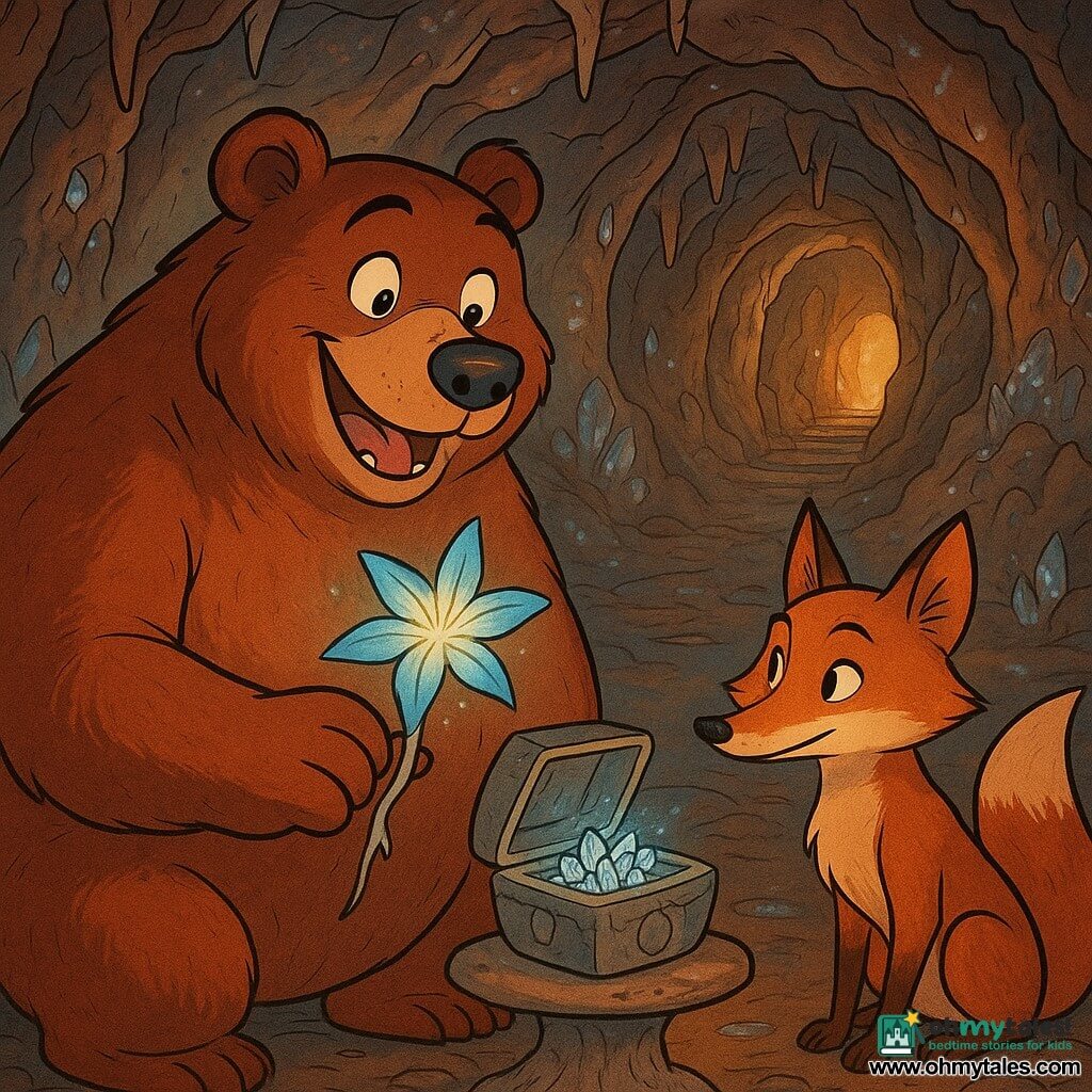 Bramble, a large brown bear with thick reddish fur, smiles with bright, wonder-filled eyes while delicately holding a glowing starroot root that emits a soft bluish-golden light; Juniper, a slender copper-red fox with a bushy tail, crouches beside him with a mischievous yet moved expression, nudging a small open stone box set on a carved mushroom-shaped pedestal with an acorn-shaped recess; inside, crystalline seeds sparkle like tiny diamonds. The laughing cave surrounds them with rounded walls studded with sparkling crystals, delicate stalactites and small reflective puddles, light creating dancing reflections. Atmosphere: soft chiaroscuro, warm earth and wood tones mixed with the cool glow of the root, magical and comforting. Composition: close-up centered on Bramble and the box, Juniper slightly to the right, visual echoes to the background revealing a secret staircase and a luminous cave exit. Graphic style: clean lines and expressive characters, saturated yet harmonious colors, visible textures of fur, stone and crystal mica.