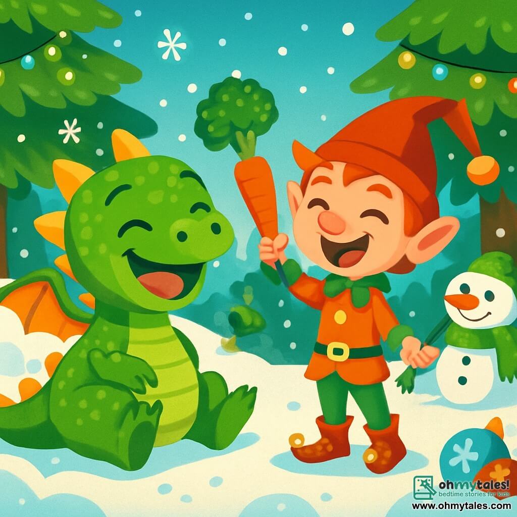 A small dragon named Puff, with shimmering green scales and big sparkling round eyes, is sitting on a soft snow carpet, laughing with a joyful and mischievous expression. Next to him is a playful elf named Jingle, wearing a pointed red hat and colorful clothes adorned with bells, grinning cheekily while holding a carrot in one hand and broccoli in the other, ready to play a new prank. The setting is an enchanted forest filled with shimmering leaf trees and twinkling garlands hanging from the branches, while snowflakes gently fall around them. Puff and Jingle are surrounded by sparkling Christmas decorations, and in the distance, a funny snowman wears Puff's scarf on his head, adding a touch of magic to the scene. The main situation shows Puff and Jingle laughing together, surrounded by festive surprises as they discover Christmas jokes in a burst of laughter and joy.