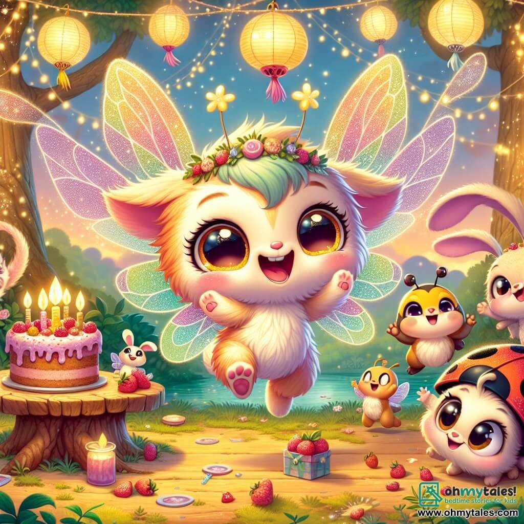 An illustration depicts a small fairy-like creature with sparkling wings and colorful, soft fur. It has large, bright eyes and a radiant smile, expressing immense joy as it dances with friends to celebrate its birthday. Beside it, a little rabbit with fluffy ears and sparkling eyes jumps excitedly, holding a slice of berry cake in its front paws. Nearby, a ladybug with small black spots vibrates with excitement, flapping its wings and laughing, surrounded by dew-drop lanterns. The main setting is an enchanted glade bathed in golden light, where majestic trees with shimmering leaves create a magical backdrop. Wooden tables are adorned with colorful treats, and garlands of flowers and ribbons gently sway in the breeze. The central scene shows the fairy creature and its friends in a birthday celebration, dancing and laughing together under a starry sky, while a shower of sparkling confetti falls around them, creating an atmosphere of magic and joy. Additional graphic elements include decorated berry cakes, glowing lanterns, dancing fireflies, and shining stars illuminating the scene, enhancing the magic of the celebration.