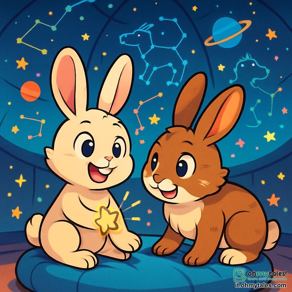 Artù, un coniglietto con grandi orecchie e un pelaggio morbido, è seduto su un cuscino soffice, con gli occhi brillanti di eccitazione e un ampio sorriso. Indossa un braccialetto luminoso a forma di stella che scintilla. Accanto a lui, Leo, un altro coniglietto dal pelaggio marrone con macchie bianche, lo guarda con curiosità, pronto ad ascoltarlo. La scena è ambientata in un planetario, con una cupola decorata da costellazioni brillanti e colorate. Artù e Leo condividono un momento di scoperta, discutendo entusiasti delle stelle, simboleggiando l'amicizia e la comprensione nella loro avventura attraverso la neurodiversità.
