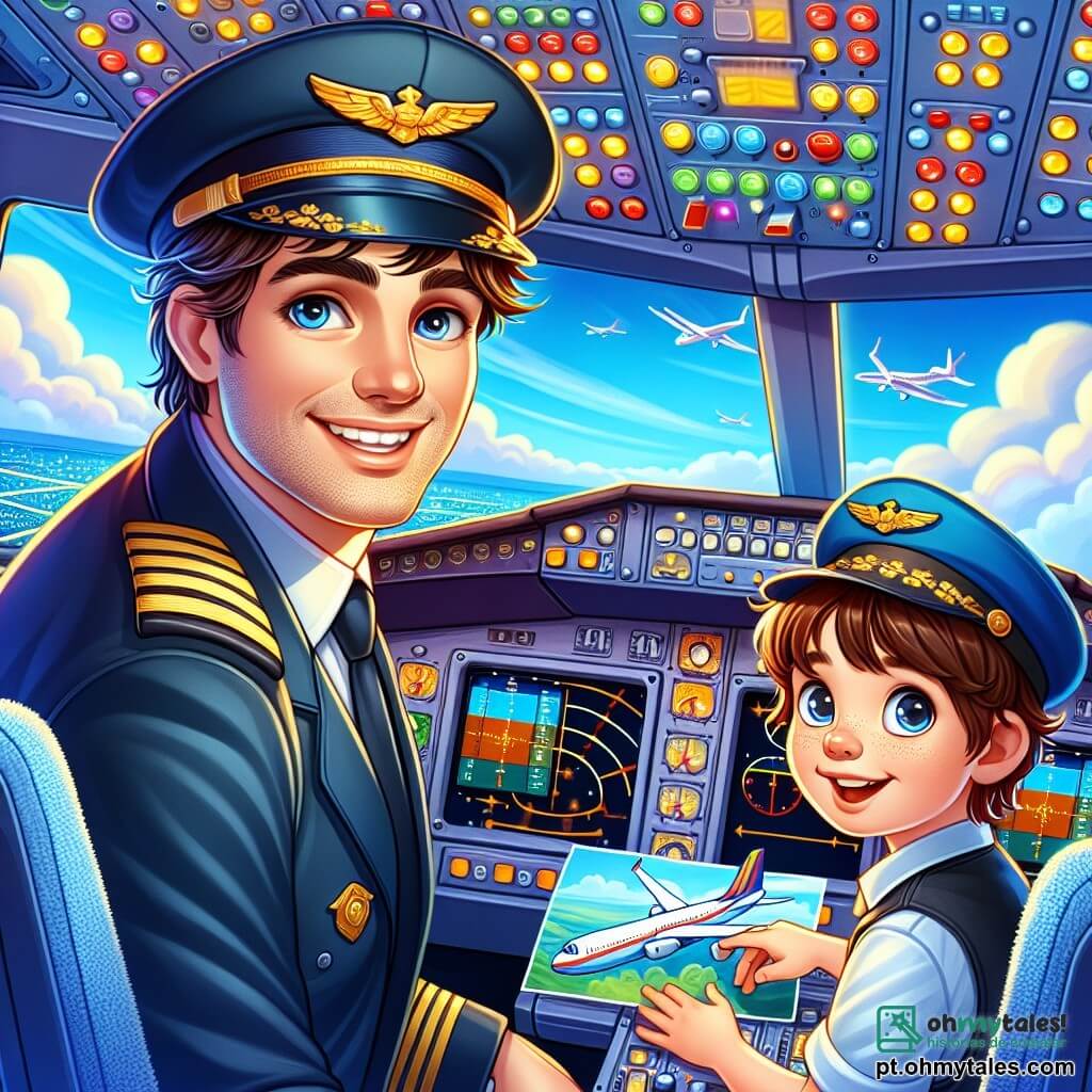 Um piloto de avião, um homem de cerca de trinta anos, sorridente e confiante, veste um uniforme azul-marinho com ombreiras douradas. Seus cabelos castanhos estão ligeiramente desgrenhados pelo vento, e seus olhos brilham de excitação enquanto está no cockpit de um grande avião, cercado por botões coloridos e telas iluminadas. Ao seu lado, um garoto de 10 anos, Tomás, com cabelos castanhos e olhos cintilantes, usa um pequeno boné de piloto e observa maravilhado os comandos, segurando um desenho de avião nas mãos. O cockpit está cheio de luz, com vistas panorâmicas de um céu azul pelas janelas, e nuvens brancas flutuam ao longe. A cena principal mostra o piloto explicando a Tomás como decolar, com uma atmosfera de descoberta e aventura, cheia de alegria e entusiasmo.