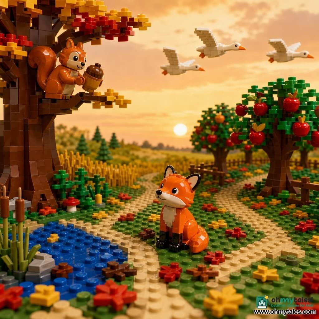 A LEGO fox with bright orange fur and round ears sits on its haunches at a dark-green brick hedge, sniffing the air, while a LEGO squirrel in an oak to the left holds a nut and three white LEGO geese fly low in the background; the autumn brick clearing has scattered red, yellow and brown leaves, apple trees to the right, a small mirror-blue pond with reeds to the left and a tea-colored sky, and the fox hesitates before three short brick paths to the orchard, marsh and meadow under low golden sunlight, creating a cozy, contemplative atmosphere.