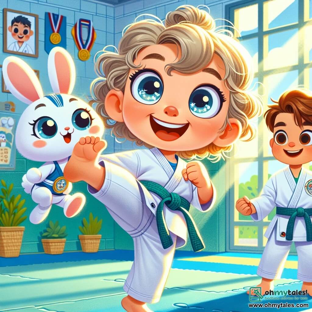 A 4-year-old girl named Emma, with big bright eyes and curly hair, is wearing a white karate uniform. She smiles enthusiastically, lifting a foot to kick, showing her determination and joy. Next to her is a small rabbit named Bounce, with sparkling wings and a little sports hat, happily jumping and encouraging Emma with a big smile. A 7-year-old boy named Max, with brown hair and sparkling eyes, stands a bit further away, confidently demonstrating a karate move. He wears a blue karate uniform and looks at Emma with admiration. The scene takes place in a bright karate studio, with green mats on the floor and walls decorated with medals and posters of karate champions. Sunlight streams through the windows, creating a warm and welcoming atmosphere. Emma, full of energy, trains enthusiastically alongside Bounce, while Max watches, ready to help them. The vibe is joyful and dynamic, filled with camaraderie and laughter.