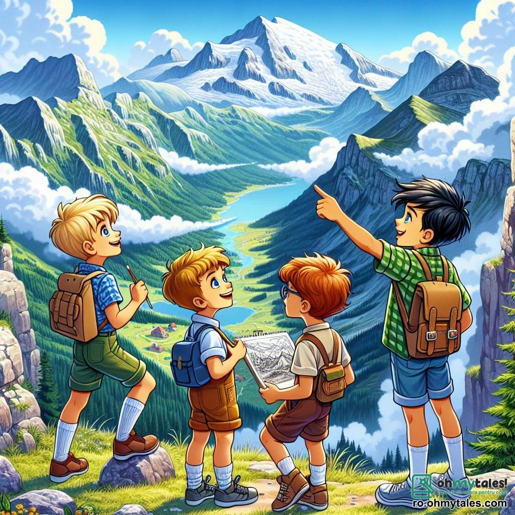 Pe vârful unui majestuos "Muntele Contemplării", patru băieți stau împreună, admirând peisajul. Alex, un băiat de 10 ani cu părul blond și ochi strălucitori, arată cu degetul o vale verde în jos. Lângă el, Vlad, un băiat de 11 ani cu părul brun și un carnet de schițe în mână, schițează panorama cu entuziasm. Andrei, un băiat de 10 ani cu ochelari rotunzi și părul castaniu, observă cu atenție detaliile stâncilor din jur, în timp ce Radu, liderul grupului de 12 ani, cu părul negru și un zâmbet încrezător, îi încurajează să exploreze mai departe. Vârful muntelui este înconjurat de nori blânzi și luminoși, oferind o vedere spectaculoasă asupra văilor luxuriante, râurilor strălucitoare și pădurilor dese. Cerul este de un albastru strălucitor, presărat cu câțiva nori albi pufoși, creând o atmosferă pașnică și inspiratoare. Băieții, reuniți pe vârf, simt o conexiune profundă cu natura și între ei, realizând că aventura i-a apropiat și le-a permis să descopere adevăruri despre ei înșiși și despre viață.