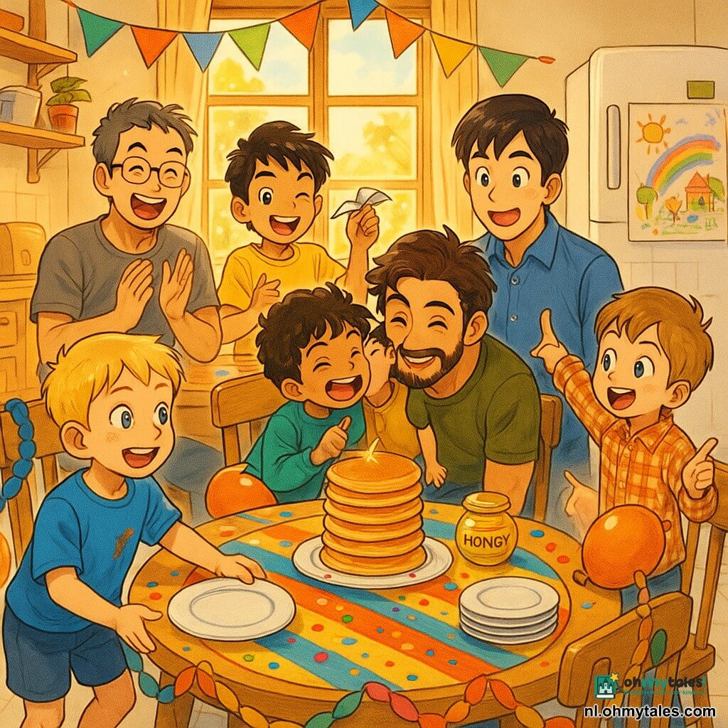 Er zijn acht personen: vier jongens (7j blond kort t-shirt blauw met vlek, staat links en zet een bord pannenkoeken neer en kijkt trots; 6j bruin krullend in groene trui, hurkt en blaast een rode ballon, lacht; 7j zwart haar t-shirt geel, staat achter middelste stoel met opgevouwen servet als vliegtuig, knipoogt; 6j lichtbruin haar geruit overhemd, bij koelkast wijst naar groot kindertekening met rood hartmagneet) en vier vaders (35j lichte huid baardje pyjama gestreept, rechts aan tafel verbaasd en blij met handen naar vork; 40j met grijze slapen bril rond t-shirt grijs, tegenover raam lachend en klappend; 33j gebruinde huid volle baard kaki t-shirt, buigt voor een kus van een jongen; 38j zwart haar overhemd blauw bij koelkast, houdt een iets gekantelde koffiekop en kijkt liefdevol naar de kinderen). Plaats: warme, lichte keuken met grote ramen, lichte tegels, houten planken, witte koelkast met kindertekening, ronde houten tafel met kleurrijk gestreepte tafelkleed, slingers, ballonnen, confetti, stapel pannenkoeken en glanzende honingpot. Situatie: de vier jongens verrassen de vier vaders met pannenkoeken voor Vaderdag; vrolijke, liefdevolle sfeer, warme kleuren, schattige details (servetvliegtuigjes, siroopvlekken, hartmagneet). Stijl: kinderlijke manga—zachte lijnen, grote expressieve ogen, verzadigde kleuren en scherpe contouren.