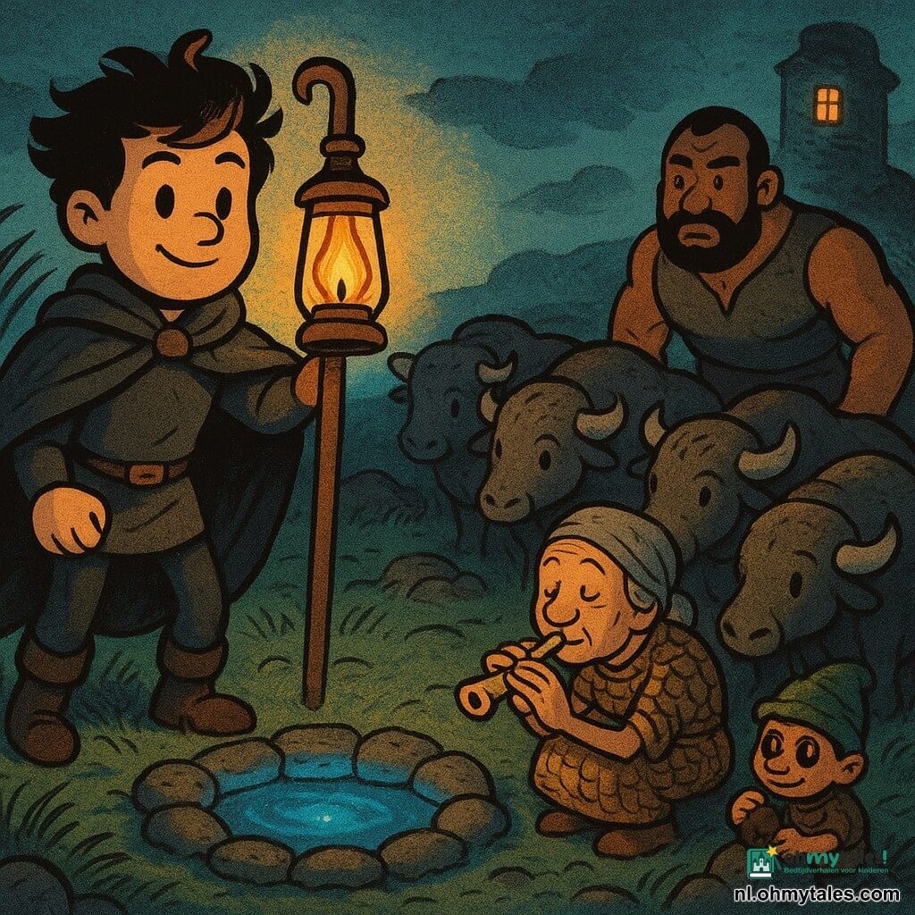 Een jonge man (Joren) met een rond, expressief gezicht en in de wind verward haar draagt een donkere mantel en houdt een lange houten lantaarnstok omhoog waarvan de vlam warm goudlicht werpt boven een kleine blauw-fosforescerende poel; een oudere vrouw (Tiska, ~60) met gerimpeld maar zacht gezicht in een gevlochten rietjurk hurkt bij een groep moerasossen en speelt zacht op een klein befloten botje om ze te kalmeren rechts van Joren; een stevige man (Melle, ~40) met natte baard staat bezorgd maar beschermend op de dijk achter de kudde, klaar om te handelen; een kleine moerasdraak-achtige kabouter (Brin, 30–40 cm) met een mosmuts en amberkleurige ogen zit op een steen nabij de poel en houdt ondeugend een klodder moerasgrond; twaalf massieve grijsruggen (moerasossen) vormen een kring bij de poel, natte glanzende vachten, ogen rustig door het lantaarnlicht; de plaats is een mistig kustmoeras op een klif met wuivend riet, zwart spiegelend water met blauwe glinstering, met mosbedekte stenen en een oude vuurtoren op de achtergrond met hoge raamopening waar gouden gloed doorheen valt; Joren houdt zijn gouden lantaarn boven een blauwe glazen kom (de Stemkom) in het midden van een stenen cirkel zodat het gouden licht de flakkerende blauwe gloed ontmoet — een vredige spanningsscène, geen geweld, personages verenigd om het moeras te sussen; grafische stijl: ronde lijnen, overdreven proporties, contrasterend palet goudwarm versus fosforescerend blauw, vochtige steen- en dun grastexturen, magische maar geruststellende sfeer.