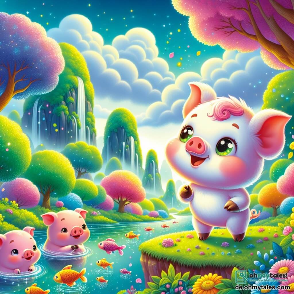 Im Vordergrund steht Schnuffel, ein kleines rosa Schwein mit einem schelmischen Lächeln und neugierigen, funkelnden Augen, auf seinen Hinterbeinen und hält einen kleinen Eimer voller bunter Abfälle, die er gerade aufgesammelt hat. Neben ihm steht Trüffel, ein anderer kleiner, kräftigeres Schwein mit einem entschlossenen Ausdruck, der eine kleine Schaufel trägt und den Fluss mit hoffnungsvollen Augen betrachtet. Im Hintergrund sieht man Pummel, das dritte kleine Schwein, das vor Freude springt, während seine rosa, runden Wangen in der Sonne strahlen und er die Fische bewundert, die wieder im Fluss schwimmen. Die Szene spielt in einer wunderschönen futuristischen Naturlandschaft mit einem funkelnden Fluss, der sich durch ein grünes Tal schlängelt, umgeben von großen Bäumen mit bunten Blättern, die Geheimnisse zu flüstern scheinen. Leuchtende Blumen wachsen am Ufer, und der Himmel ist strahlend blau mit fluffigen Wolken. Die Hauptsituation zeigt die drei kleinen Schweine, die den Fluss reinigen, vereint in ihrer Mission, die Natur zu retten, während die glücklichen Fische beginnen, im klaren Wasser wieder aufzutauchen, was die Rückkehr zum Leben und zur Freude symbolisiert.