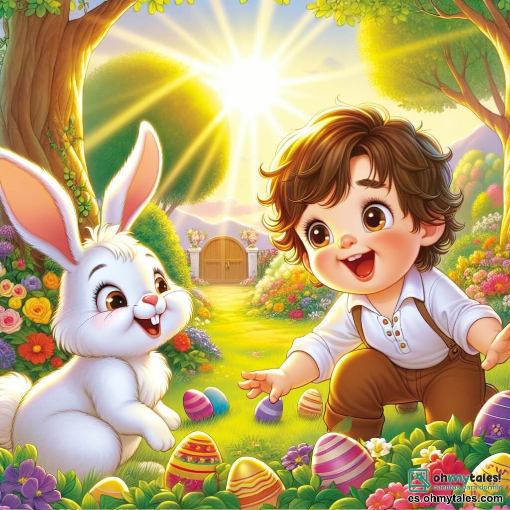 Un niño pequeño de 2 años, llamado Tomás, con cabello castaño desordenado y ojos llenos de curiosidad, está agachado en un jardín soleado, riendo alegremente mientras busca coloridos huevos de Pascua. A su lado, un adorable conejito blanco, con grandes orejas y una nariz rosa, parece invitarlo a seguirlo, saltando felizmente entre las flores coloridas. El jardín está lleno de flores brillantes, arbustos verdes y majestuosos árboles, todo bañado por la luz dorada del sol, creando una atmósfera mágica y alegre. En esta escena, Tomás descubre un mundo maravilloso donde sigue al conejo hacia una puerta de madera misteriosa, lleno de emoción y asombro.