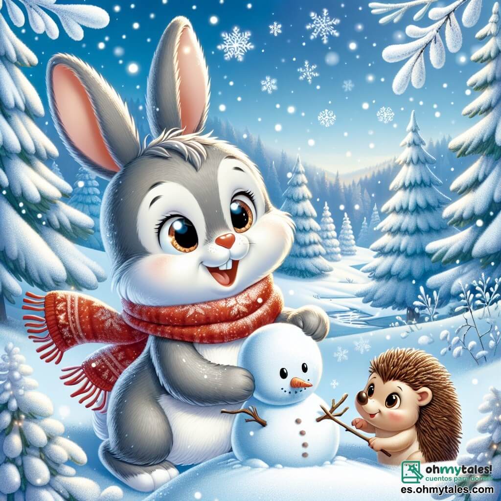 Un pequeño conejo llamado Peluso, con un suave pelaje gris y grandes orejas, salta alegremente en la nieve, sus ojos brillando de curiosidad y emoción. Lleva una bufanda roja que ondea detrás de él, añadiendo un toque de color al invierno blanco. A su lado, su amigo Tico, un erizo de púas marrones y ojos chispeantes, construye un muñeco de nieve, su rostro irradiando felicidad y concentración. El paisaje es un hermoso entorno invernal, con árboles majestuosos cubiertos de nieve brillante, copos de nieve cayendo suavemente del cielo azul claro, y un pequeño arroyo helado que serpentea a través del bosque. La escena irradia magia y alegría, capturando el espíritu festivo del invierno. Peluso y Tico, rodeados por la belleza del paisaje, están en plena aventura, buscando descubrir los secretos del invierno y celebrar su amistad.