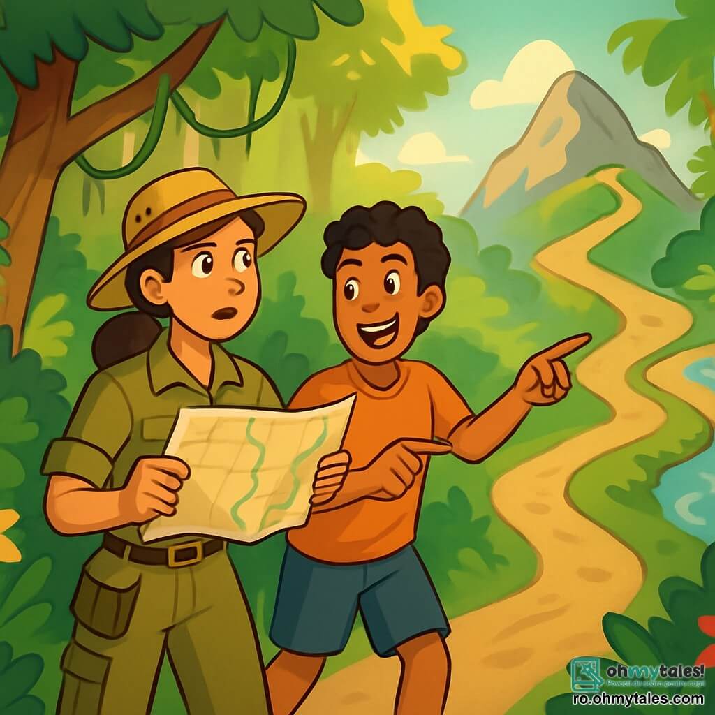 O femeie exploratoare, Isabela, de aproximativ 30 de ani, cu părul brun prins într-o coadă de cal, poartă o pălărie de paie și haine practice din pânză kaki. Are o expresie de determinare și uimire, ținând o hartă într-o mână și un carnet în cealaltă, pregătită să descopere secretele junglei. Lângă ea, Rafael, un tânăr de 25 de ani, cu părul negru creț și pielea bronzată, poartă un tricou ușor și șort. Zâmbește, arătându-și entuziasmul, în timp ce indică o direcție pe hartă. Decorul este o junglă luxuriantă, cu copaci uriași, liane suspendate și flori colorate. Isabela și Rafael decid pe care dintre cele trei căi să meargă: un potecă ce coboară într-o vale misterioasă, un drum abrupt care urcă spre un vârf stâncos și un pârâu larg și tumultuos care le intersectează calea. Par ezitanți, dar excitați, conștienți că fiecare alegere ar putea să îi ducă mai aproape de o descoperire incredibilă.