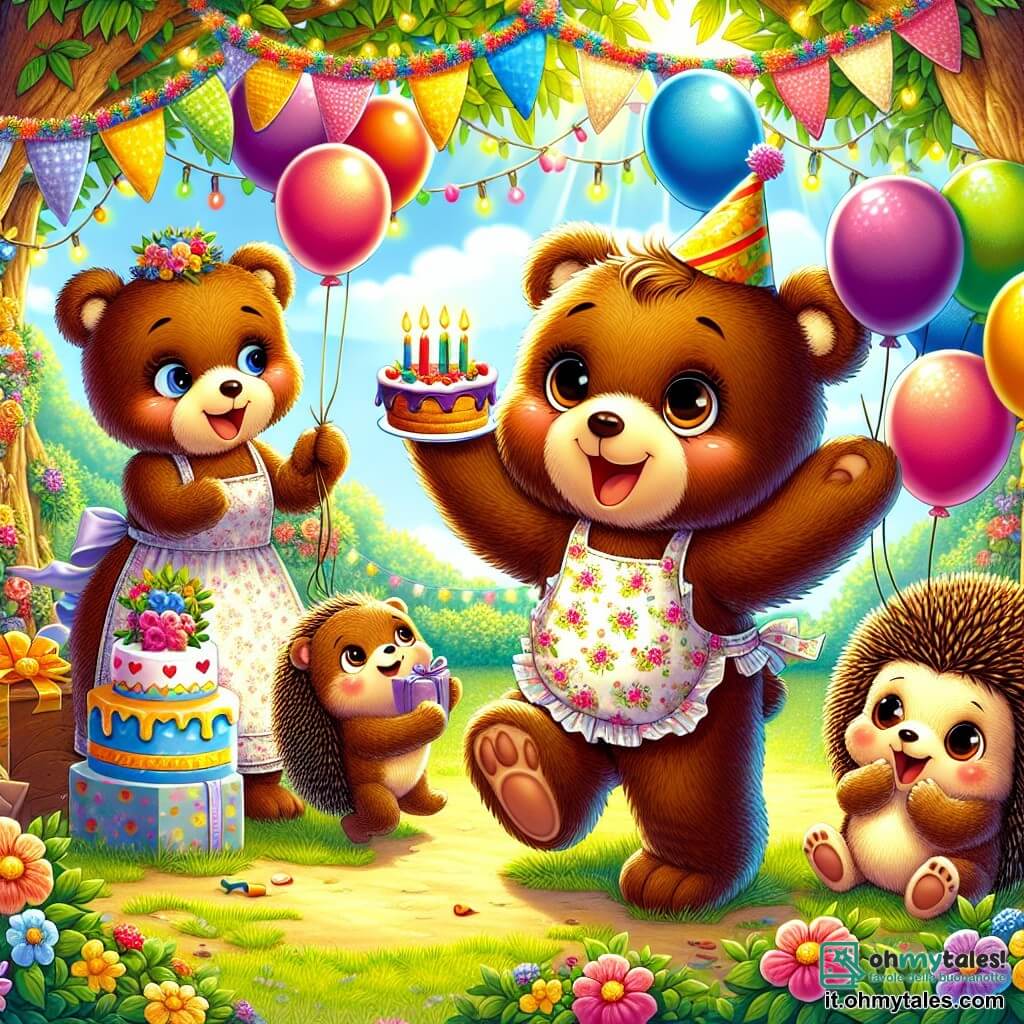 Orsetto, un piccolo orsetto di peluche dai peli marroni e morbidi, con grandi occhi rotondi e un sorriso splendente, è al centro della scena, saltando di gioia con palloncini colorati in mano. Accanto a lui, Mamma Orsa, una grande orsa dal pelo crema, con un grembiule a fiori e un cappello di festa, sorride calorosamente mentre tiene una magnifica torta di compleanno decorata con candele scintillanti. Riccio, un piccolo riccio dai pungiglioni dorati e dagli occhi maliziosi, sta scartando un regalo brillante, seduto per terra, con un'espressione di eccitazione sul volto. Il decor si trova in un giardino soleggiato, pieno di fiori vivaci e festoni colorati appesi ai rami degli alberi, creando un'atmosfera festosa e gioiosa. La scena rappresenta il momento magico in cui Orsetto scopre la sorpresa del suo compleanno circondato dai suoi amici, tutti pronti a festeggiare con risate e felicità.