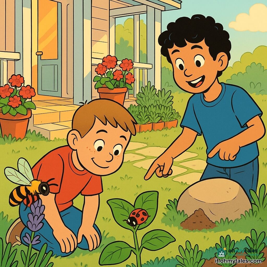 Bambino di 10 anni, viso rotondo e lentiggini, capelli castano chiaro corti a spazzola, sguardo stupito e sorriso dolce, inginocchiato sull'erba a osservare una piccola coccinella rossa e nera su una foglia; accanto a lui, leggermente indietro a destra, Luca, circa 10 anni, capelli neri e ricci, maglietta blu, sorride e indica un nido di formiche sotto una pietra. In primo piano un'ape gialla e nera dalle ali traslucide impollina una lavanda. Ampia veranda in legno dipinta di bianco che si affaccia su un piccolo giardino con vasi di gerani rossi e erbe aromatiche, pavimento in lastre irregolari, luce soffusa di tardo pomeriggio. Scena primaverile, colori vividi, contrasti netti, atmosfera calda e curiosa, composizione centrata sull'interazione bambini–insetti, stile a linee chiare e palette pastello sature.