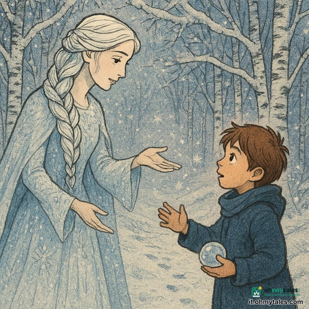 La Regina delle Nevi appare dolce e maestosa, volto pallido come porcellana, lunghi capelli bianchi intrecciati d'argento e veste traslucida cosparsa di cristalli; con espressione benevola e malinconica porge la mano verso Tommaso, un bambino di circa 8 anni dai capelli castano chiaro e mantello di lana blu, che la guarda commosso tenendo una piccola sfera di vetro nella sinistra e tendendo la destra; sullo sfondo una foresta di betulle argentate, rami carichi di neve scintillante e tracce su un sentiero, luce crepuscolare rosea e bluastra; atmosfera invernale, tenera e magica con fiocchi luminosi, riflessi ghiacciati su veste e sfera e forti contrasti tra bianco freddo e i toni caldi dei volti.