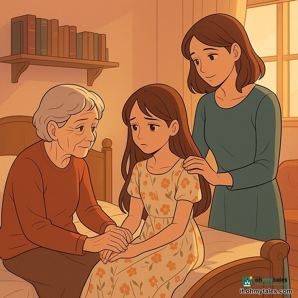 Una ragazza di 12 anni, con lunghi capelli castani e occhi tristi, è seduta sul bordo di un letto antico, le sue mani delicate tengono quelle della nonna. Indossa un vestito leggero a fiori, che fluttua dolcemente intorno a lei. Accanto a lei, una donna di circa 40 anni, con capelli castani e uno sguardo dolce, è in piedi, con la mano sulla spalla della ragazza, mostrando un'espressione di conforto e tenerezza. La scena si svolge in una camera accogliente, con pareti dipinte in tonalità pastello, scaffali pieni di libri e una vecchia poltrona di velluto. Un raggio di sole filtra attraverso una finestra, illuminando la stanza con una luce dorata. La situazione principale mostra la bambina che ascolta attentamente la nonna, che le racconta una storia preziosa, mentre un'atmosfera dolce e malinconica aleggia nell'aria, simboleggiando il passare del tempo e l'amore eterno.