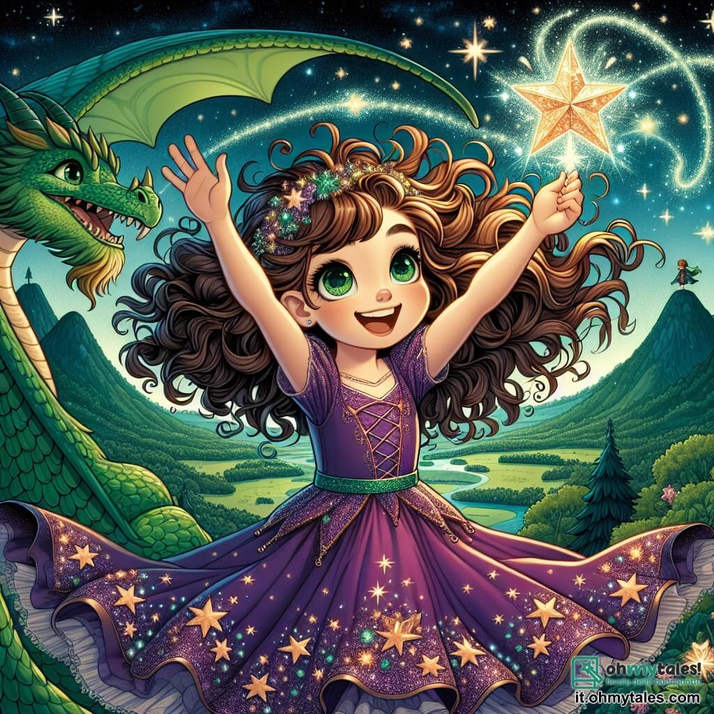 Livia, una giovane strega di undici anni, si trova in cima a una montagna, i capelli ricci e lucenti che fluttuano nel vento. I suoi occhi verdi brillano di eccitazione mentre alza le braccia verso il cielo stellato, tenendo in mano una stella scintillante. Indossa un vestito viola decorato con stelle dorate e un sorriso radioso illumina il suo viso. Accanto a lei, un grande drago verde con squame brillanti come smeraldi, dagli occhi saggi e benevoli, la osserva con orgoglio. Il cielo notturno è punteggiato di stelle scintillanti e la luna illumina la scena con una dolce luce argentata. Sotto di lei si estende un paesaggio di colline verdi e foreste incantate, creando un'atmosfera magica. Livia si sta preparando a volare verso la Stella Perduta, una luce brillante che danza tra le nuvole, simboleggiando il suo sogno di scoprire la magia e ispirare gli altri.