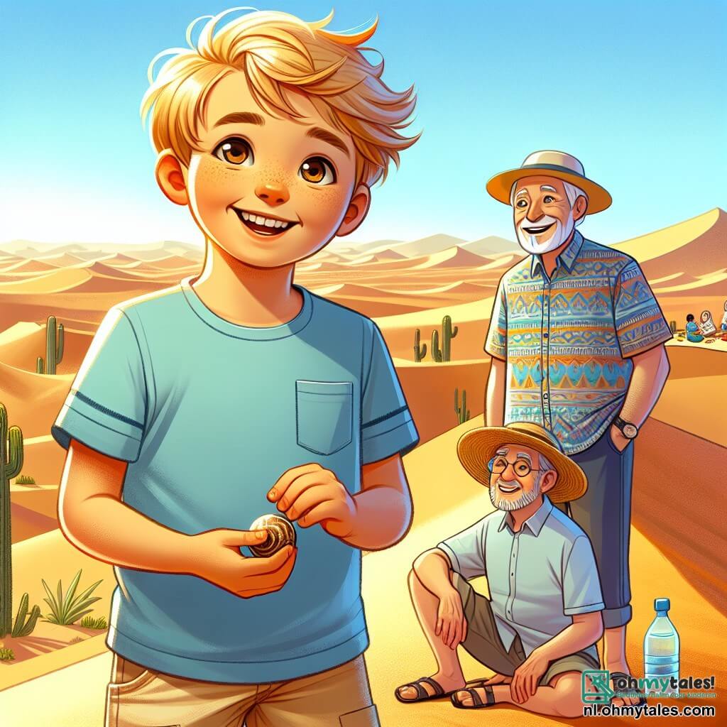 Een 6-jarig jongetje met rommelig blond haar en nieuwsgierige ogen staat bovenop een grote gouden zandduin. Hij draagt een lichtblauw t-shirt en een beige short, en zijn gezicht straalt van vreugde en opwinding terwijl hij een glanzende steen in zijn kleine handen vasthoudt. Naast hem staat zijn grootvader, een man van ongeveer 70 jaar met een witte baard en ronde bril, die trots naar zijn kleinzoon kijkt. Hij draagt een strohoed en een kleurrijk gestreepte blouse, en staat iets naar achteren, het landschap bewonderend. Op de achtergrond zit zijn grootmoeder, een vrouw van ongeveer 65 jaar met grijs haar en een warme glimlach, op een picknickkleed, omringd door waterflessen en fruit, en kijkt met genegenheid naar de scène. De omgeving is een uitgestrekt deel van de Sahara-woestijn, met golvende zandduinen die zich onder een stralende blauwe lucht uitstrekken. De zon schijnt fel en creëert zachte schaduwen op het gouden zand. De hoofdscène toont het triomferende jongetje dat een edelsteen heeft gevonden op de top van de duin, wat zijn avontuur en ontdekking in dit magische landschap symboliseert.