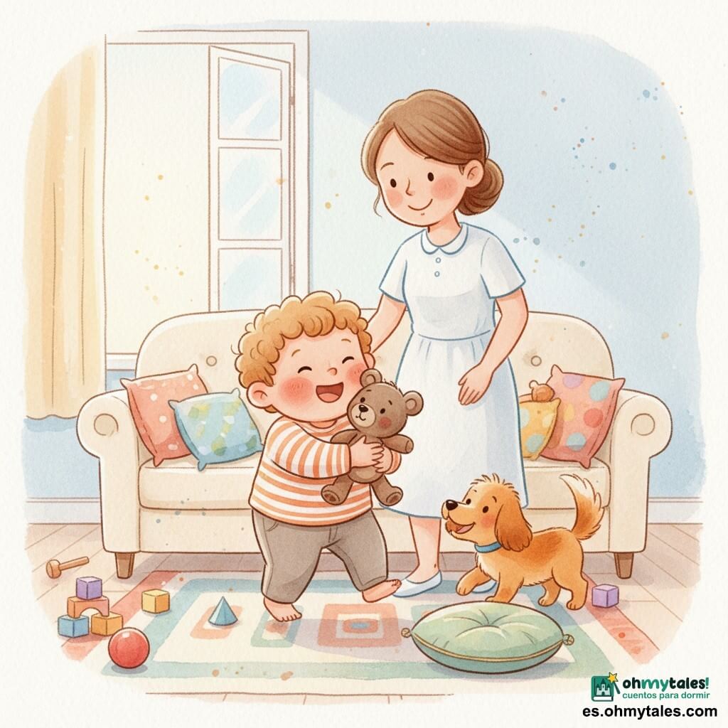 Un niño de 2 años, rostro redondo, mejillas sonrosadas y cabello castaño rizado, muestra expresión alegre y aliviada mientras abraza con fuerza un pequeño oso de peluche marrón; una mujer (madre, unos 30 años) sonríe detrás del sofá, pelo castaño recogido en un moño, vestido claro y mirada cariñosa; un perrito color caramelo (Coco) mueve la cola junto al suelo, juguetón junto a un cojín caído; el oso (Tito) es pequeño, de pelaje marrón, nariz de botón negro y una oreja algo doblada asomando entre los cojines; la sala es luminosa con alfombra de motivos geométricos, gran sofá crema y cojines multicolores, ventana que deja pasar un rayo de sol y juguetes esparcidos; escena principal: el niño descubre a Tito detrás de los cojines, salta de puntillas, lo abraza y se ríe mientras la madre vela y el perro celebra; estilo: acuarela tierna, colores pastel cálidos, texturas suaves y ligeras salpicaduras para dar movimiento.
