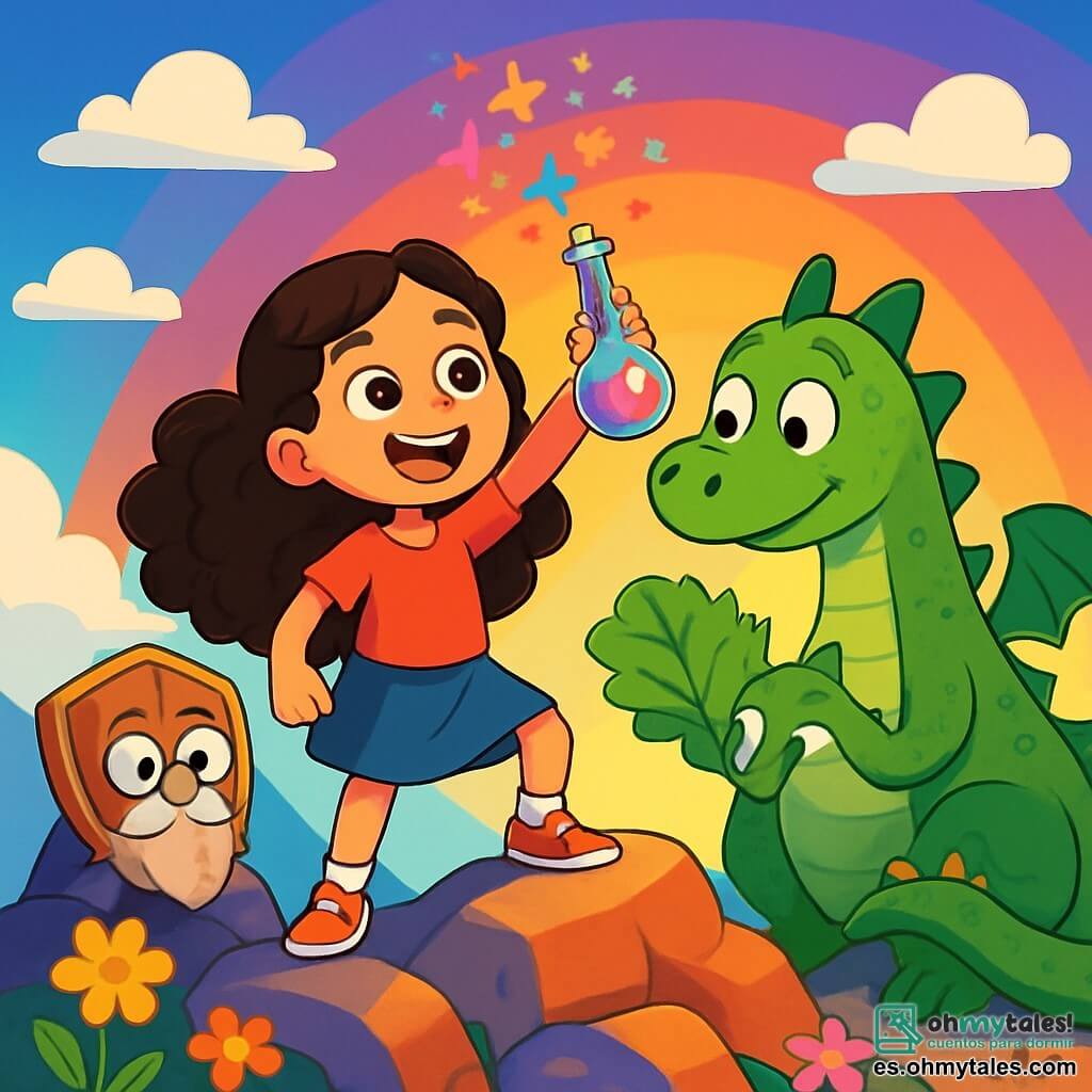 Una niña de 8 años, Luna, con largos cabellos rizados y ojos llenos de curiosidad, está en la cima de una montaña de rocas coloridas, sonriendo y sosteniendo una botella brillante llena de una poción multicolor. A su lado, un dragón vegetariano llamado Señor Lechuga, con escamas verdes y ojos redondos y amistosos, se inclina hacia adelante, curioso, con una gran hoja de lechuga en sus patas. Un antiguo escudo, Escudito, con gafas redondas y una barba de polvo, está posado sobre una piedra, observando la escena con una expresión sabia y divertida. El paisaje es una montaña soleada, llena de flores brillantes y nubes flotantes, donde el cielo se ha convertido en un mosaico de colores vivos: azul, naranja y violeta, como un arcoíris vivo. La situación principal muestra a Luna lanzando su poción mágica al cielo, mientras risas resonantes crean una atmósfera alegre y mágica.