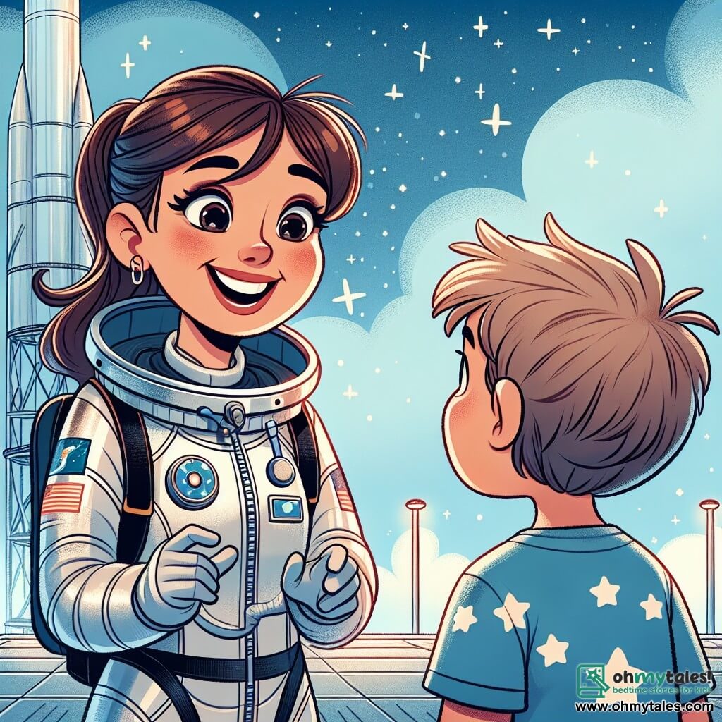 A smiling astronaut, a woman in her thirties with brown hair tied in a ponytail, is wearing a shiny white spacesuit. Her eyes sparkle with excitement as she shares her space adventures with a young boy. The boy, Max, 7 years old, has messy blonde hair and is wearing a blue t-shirt with stars. He stands wide-eyed, listening intently to the astronaut, with a big smile on his face. The scene takes place near a large, shiny spaceship on a metal launch pad, under a light blue sky dotted with a few white clouds. Stars twinkle in the distance, reminding one of the vastness of the universe. The astronaut enthusiastically shares her experiences of floating in space, while Max dreams of becoming a star explorer one day.