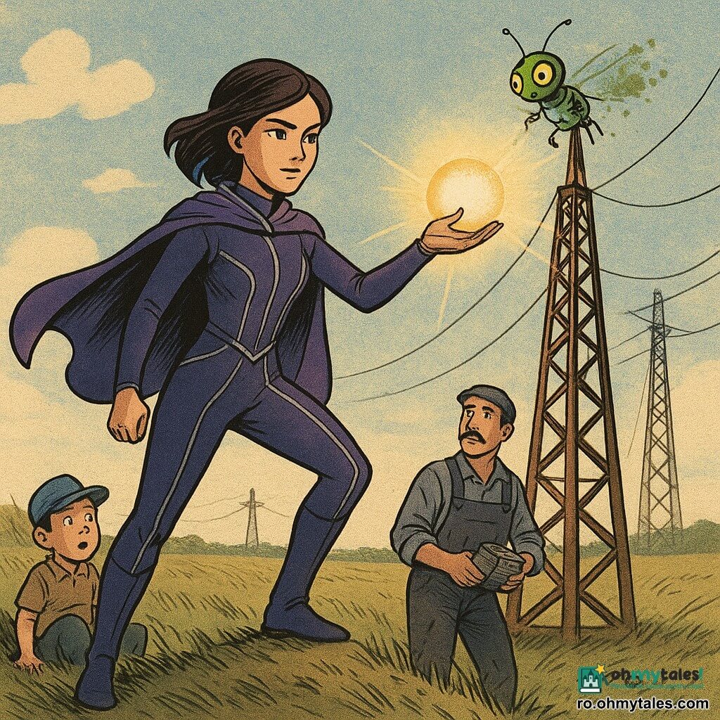Eroină: Nova, chip hotărât și blând, pelerină scurtă violet cu o șuviță albastru aprins, costum violet închis cu linii argintii, ține o sferă de lumină caldă în palmă pe care o proiectează ca o pasarelă pe turnul antenei; personaj secundar non-uman: Spiraluț, mică creatură robotică verde, asemănătoare unui insect metalic lucios, cu antene subțiri, expresie vulnerabilă, plutește lângă vârful antenei lăsând dâre de praf verde; personaj secundar uman: mecanic în jur de 40 de ani, mustață în semilună, salopetă gri pătată cu ulei, stă la baza antenei privindu-o pe Nova și ținând o cutie-încărcător strălucitoare; copil de ~8 ani cu șapcă prea mare, așezat pe un taluz la distanță, cu gura deschisă de surpriză, observă scena; loc: câmpie vastă cu iarbă lungă bătută de vânt, cer albastru pal cu nori subțiri, antene metalice ruginite și cabluri vizibile, sol presărat cu șuruburi și urme verzi; situație: confruntare blândă și luminoasă în vârful antenei — Nova calmă dar hotărâtă oprește semnalul întinzându-și lumina, Spiraluț ezită și reduce dârele verzi, aerul e încărcat de particule strălucitoare și vânt ce pleznește pelerina.