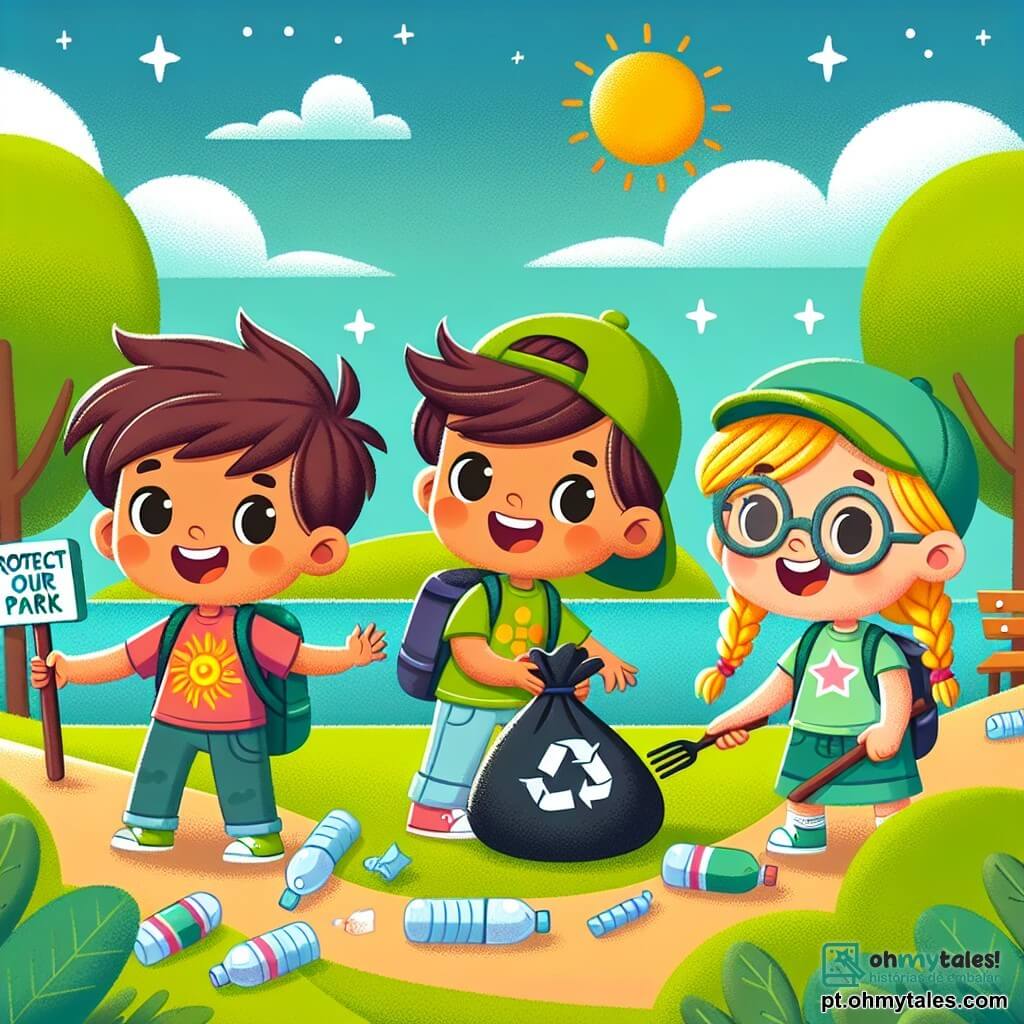 Um menino de 6 anos, Lucas, com cabelos castanhos bagunçados e um grande sorriso, usa uma camiseta colorida com um desenho de sol. Ele está recolhendo lixo em um parque, segurando uma mochila cheia de sacos de lixo, com uma expressão determinada e alegre no rosto. Ao seu lado, uma menina de 6 anos, Emma, com cabelos loiros trançados e um boné verde, ajuda Lucas pegando garrafas plásticas, sorrindo e entusiasmada. Outro menino, Pedro, também de 6 anos, com óculos e cabelos negros, está um pouco mais longe, segurando um grande cartaz que ele fez, com a frase "Protejamos nosso parque!", com um ar orgulhoso. O parque é verde, cheio de árvores majestosas e flores coloridas, mas também há lixo espalhado pelo chão, contrastando com a beleza da natureza. O céu está azul e ensolarado, criando uma atmosfera alegre e dinâmica. A cena principal mostra Lucas e seus amigos em ação, determinados a limpar o parque, com sacos de lixo nas mãos, enquanto riem e discutem a importância de proteger o meio ambiente.