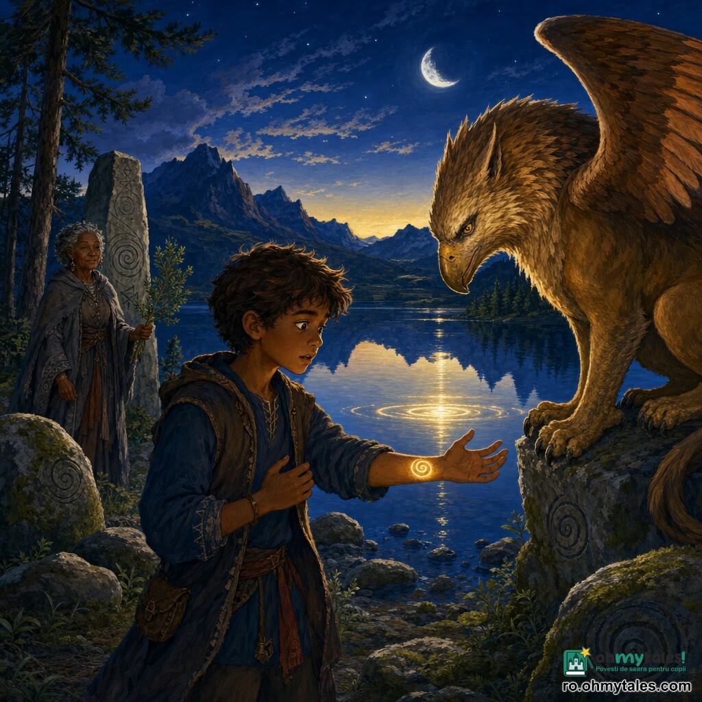 Un băiat de circa 12 ani, obraji rotunzi și privire curioasă, părul șaten dezordonat, ține mâna stângă spre un lac oglinditor; pe încheietura lui strălucește o spirală fină ca o cicatrice de aur. Pe o stâncă apropiată stă un mare griffon cu trup de leu, aripi late brun-cuprii și cap de pasăre cu cioc curbat, care înclină capul spre băiat ca să simtă spirala. În fundal, o femeie în vârstă de aproximativ 70 de ani, gardiană, mică, cu mantou gri uzat și ramură de ienupăr în mână, observă liniștită. Locație: malul unui lac la zori, oglindă perfectă a munților întunecați și a cerului albastru-crepuscular; pietre mușcate și pini înalți în prim-plan, câteva spirale gravate pe rocă. Atmosferă magică, lumină lunară și un cerc luminos pe apă care evidențiază spirala băiatului, culori contrastante (albastru profund, auriu cald, verde închis) și textură de tușă acrilică; compoziție centrată pe încheietura luminoasă și privirea împărtășită dintre băiat și griffon.