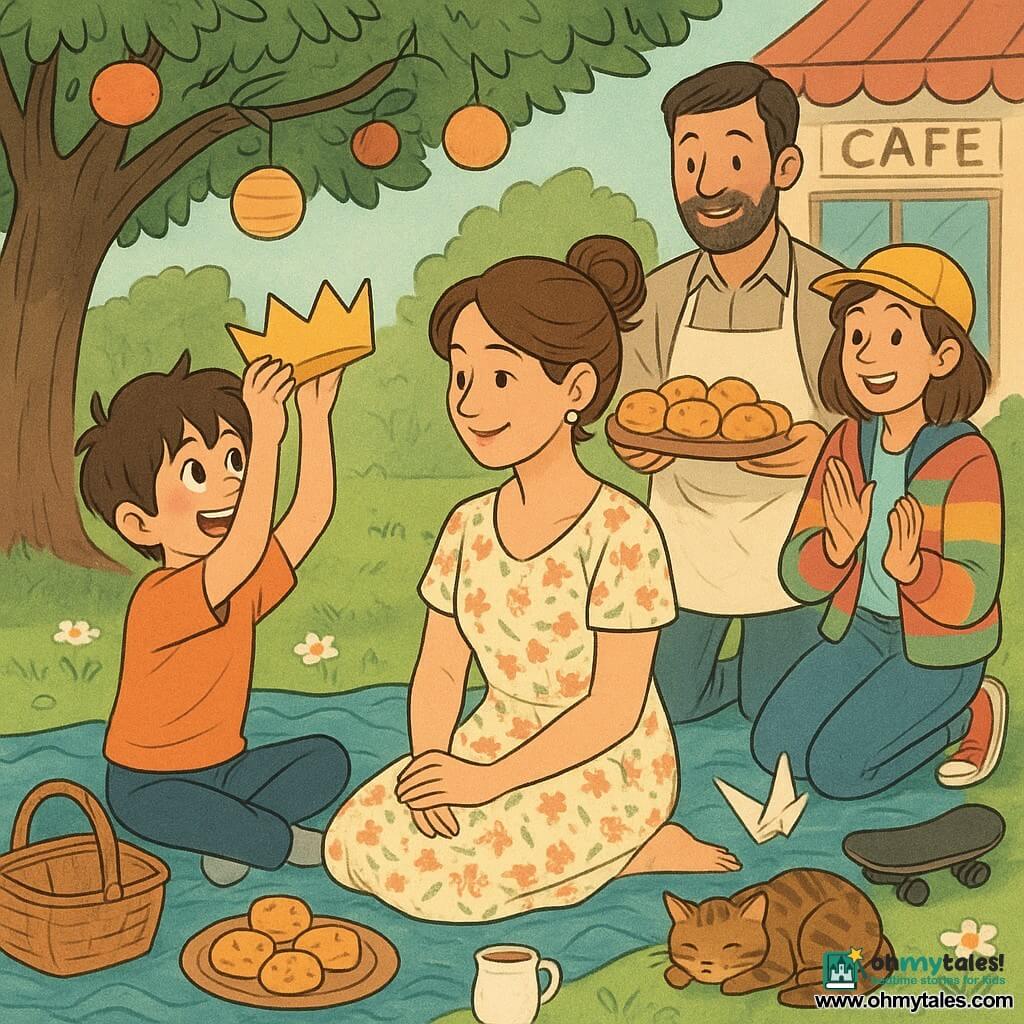 Milo, a shy but enthusiastic 10-year-old with dark tousled hair and round eyes, sits on a large blue wave-patterned blanket holding a small paper crown and proudly looking at his mother; the mother, about 35, hair in a loose bun and wearing a light floral dress, sits beside him smiling as he places the crown on her head; Mr. Patel, a warm-looking adult in a flour-streaked apron, stands behind with a box of scones; an elderly man with gray hair and round glasses sits on a cushion laughing while holding a paper crane; a teenage girl in a colorful jacket holds a skateboard and claps; a small tabby neighbor cat is curled at the blanket’s edge; the scene is a warm, colorful Mother’s Day picnic under an old apple tree with daisied grass, hanging paper lanterns, a small wooden table with a jar of warm milk, and a café-painted street in the background, with exchanged paper notes, scones on a plate, bright faces and affectionate gestures.